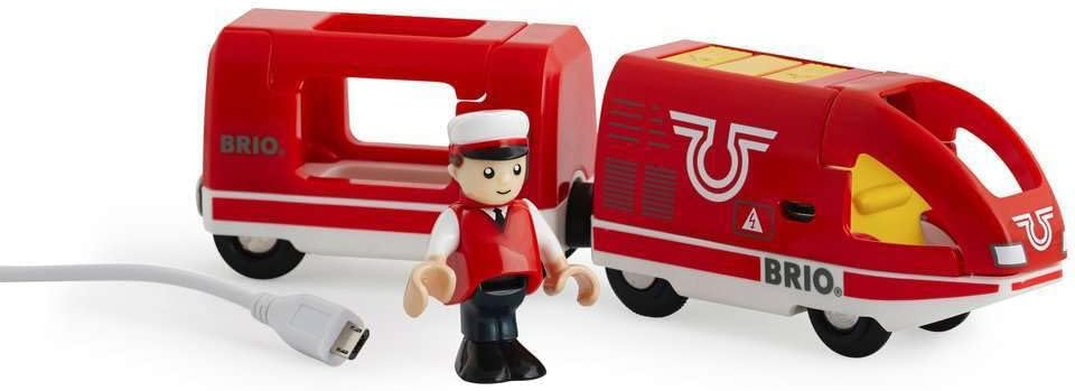 BRIO World 33746 Travel Rechargeable Train 4 Pieces, USB Charging Engine with Lights & Sounds, Wooden Railway Set for Kids Age 3+