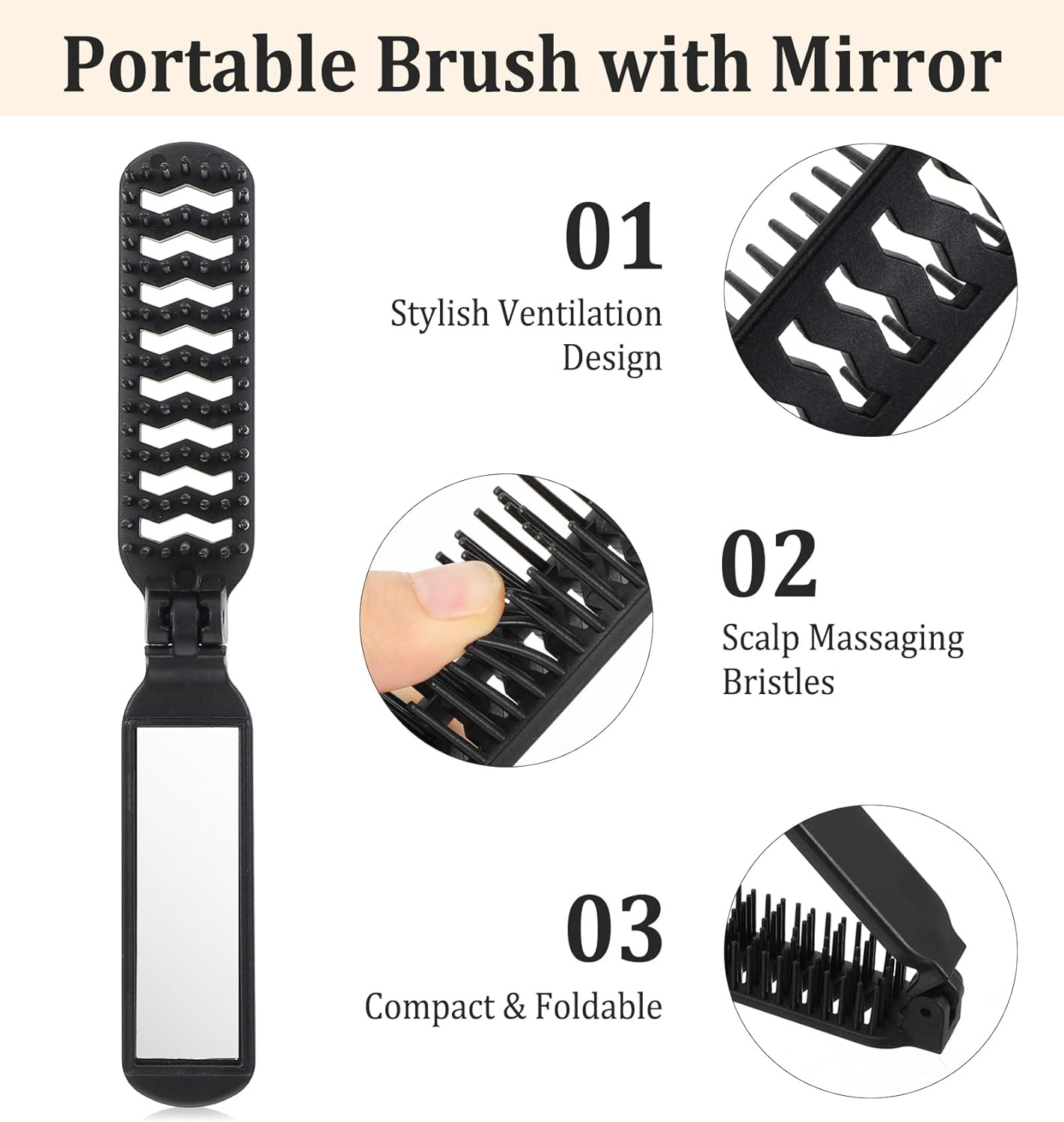 Pack of 2 Travel Hair Brushes, Small Hair Brushes, Foldable Hair Brushes with Integrated Mirror Made of High-Quality Plastic, Ideal for Men and Women, Travel, Camping or Office image number 4