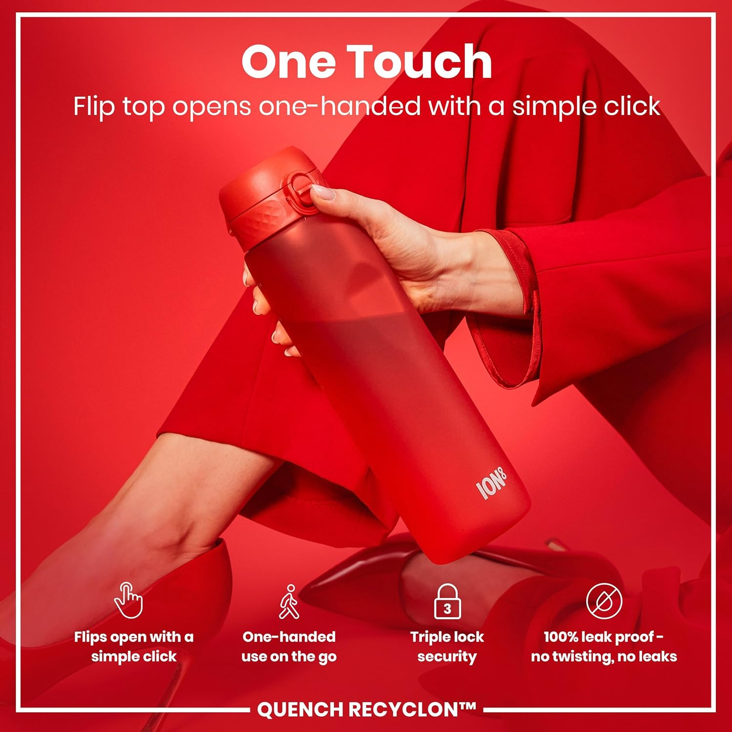 Ion8 1 Litre Water Bottle, Leak Proof, Flip Lid, Carry Handle, Rapid Liquid Flow, Dishwasher Safe, BPA Free, Soft Touch Contoured Grip, Ideal for Sports and Gym, Carbon Neutral Recyclon image number 5