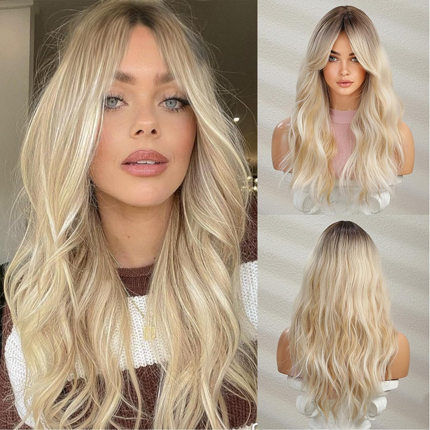 Long Ombre Blonde Wavy Wig for Women 24 Inch Middle Part Curly Wavy Wig Natural Looking Synthetic Heat Resistant Fiber Wig for Daily Party Use (Ombre Blonde)