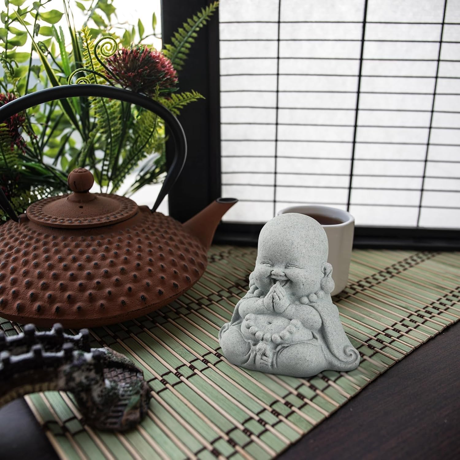 Chiorgone Praying Laughing Buddha Feng Shui Statue &ndash; Sandstone Zen Decor for Home, Office & Aquarium &ndash; Prosperity & Happiness Gift image number 1