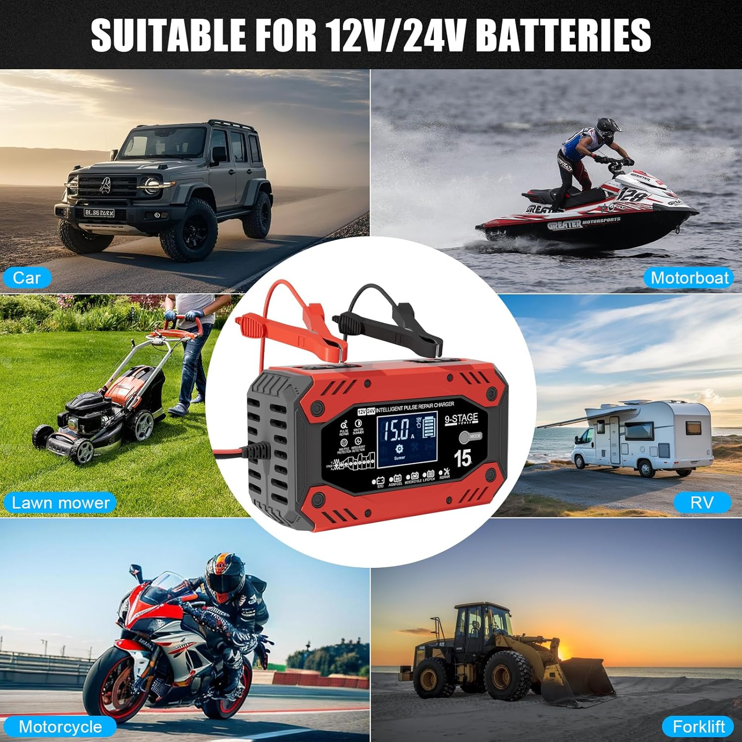 B-Qtech Car Battery Charger 15-Amp 12V/24V, Smart Trickle Charger for Car, Battery Maintainer Trickle Charger, Automotive Battery Charger with Temperature Compensation for Truck Motorcycle Lawn Mower image number 2