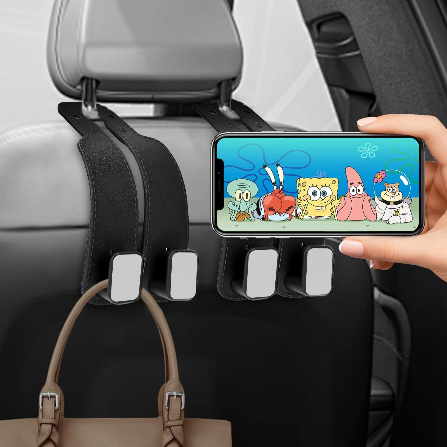 Topbine 2Pcs Car Hooks for Headrest,Automotive Seat Back Hooks, Leather Car Seat Headrest Double Hooks (Black) image number 3