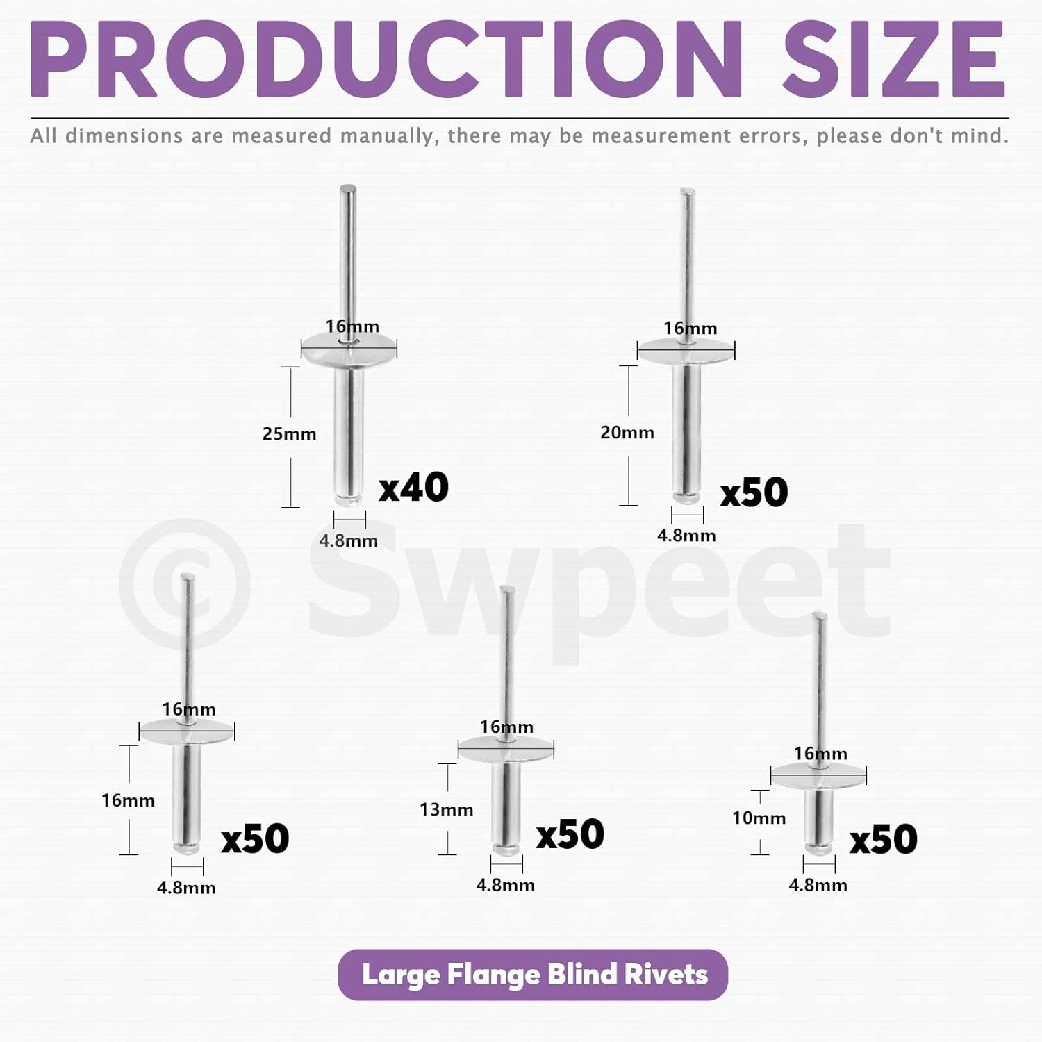 Swpeet 240Pcs 3/16" X 3/8" / 1/2" / 5/8"/ 3/4"/ 1" Large Flange Aluminum Blind Rivets Kit, Silver Pop Rivets Open End Type Pop Rivet for Indoor and Outdoor Use image number 6