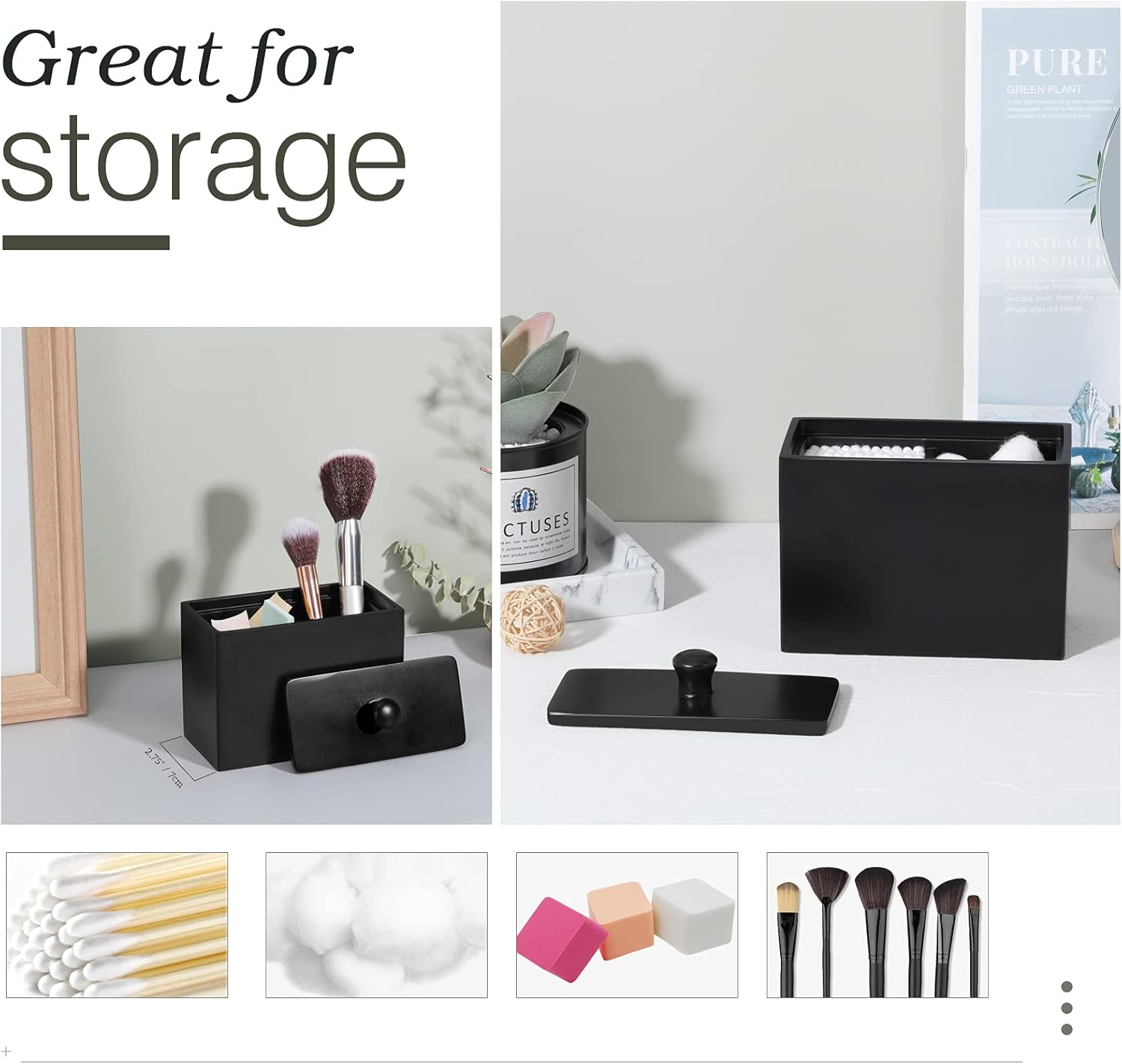 Luxspire Cotton Swab Holder, Qtip Holder Dispenser with Lid, 2 Compartments Cotton Ball Organizer, Bathroom Container, Q Tip Jar, Floss, Bathroom Accessories - Matte Black - Matte Black image number 5