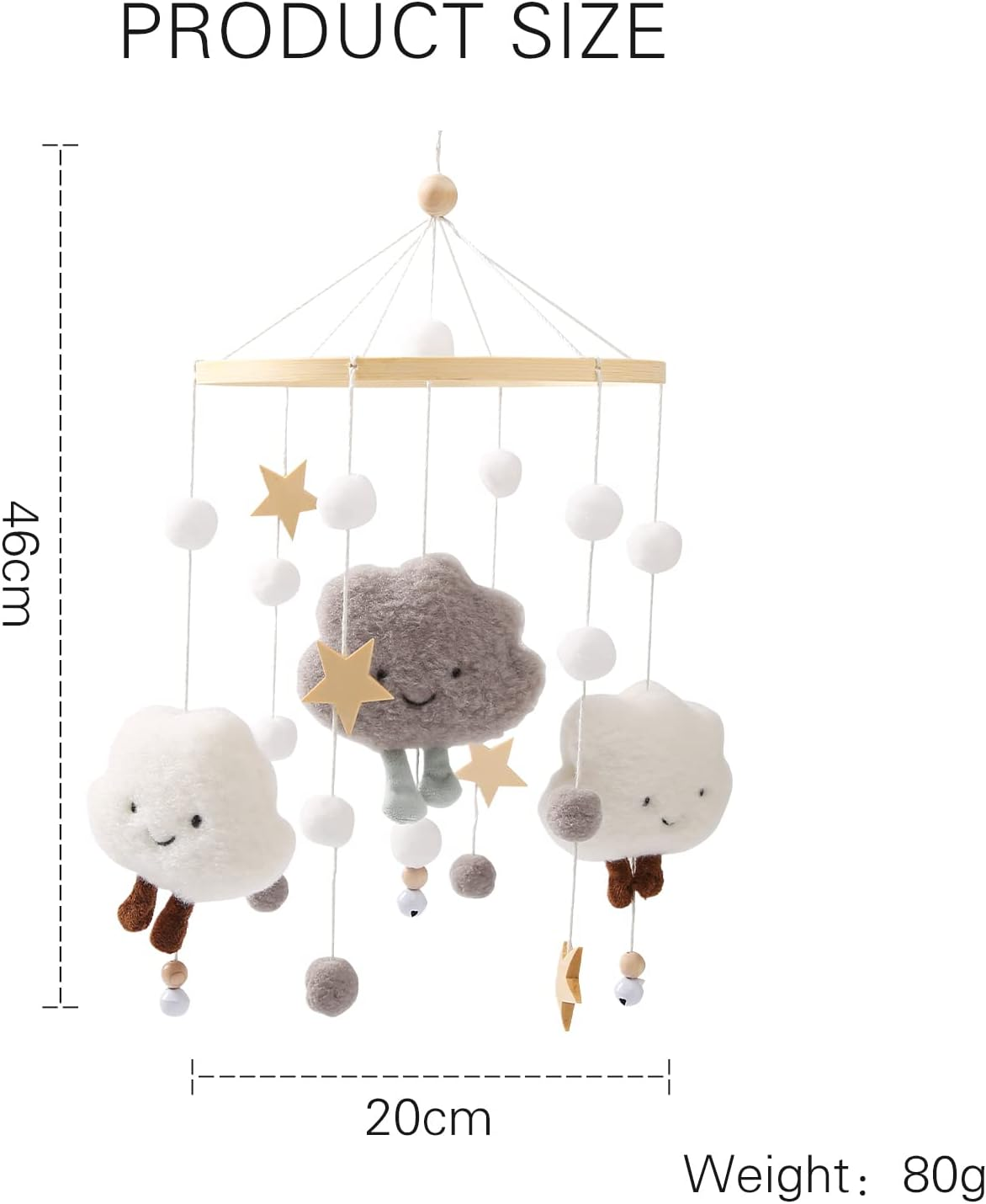 Promise Babe Wooden Crochet Mobile with Felt Balls Clouds Stars for Baby Room Decoration - Grey
