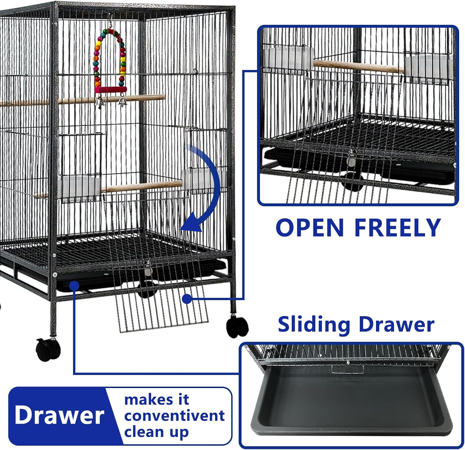 30 Inch Height Wrought Iron Bird Cage with Rolling Stand for Conures Lovebirds Cockatiels Finches, Black image number 1