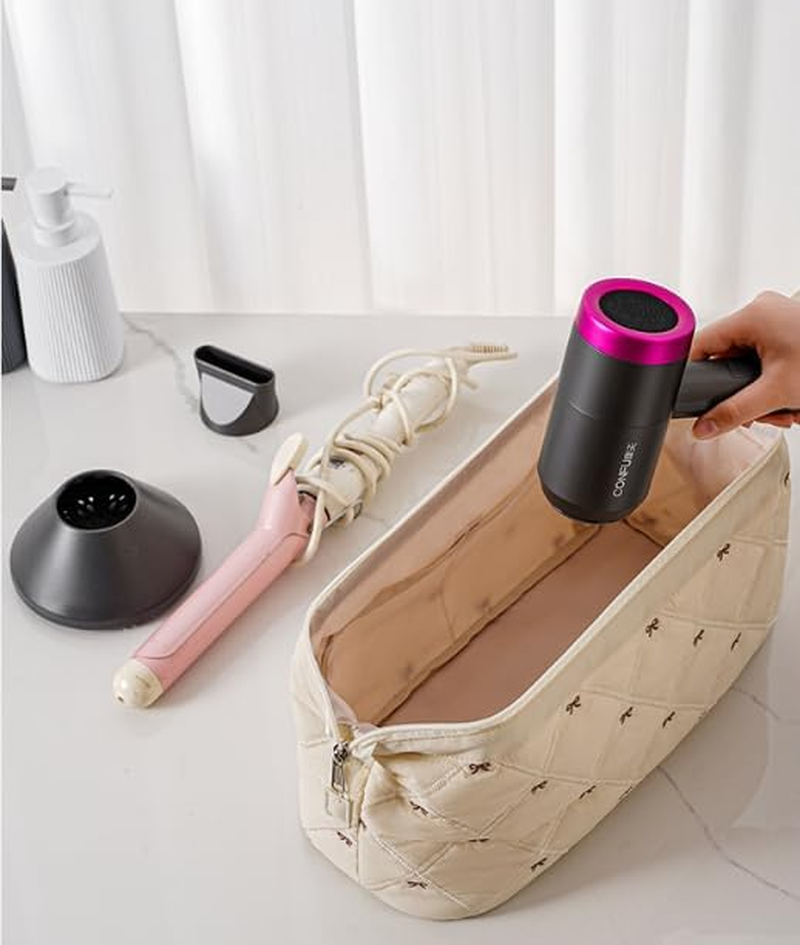 Hair Tools Travel Bag, Large Quilted Storage Case with Bow, Waterproof Organizer for Hair Dryer, Curling Iron, Straightener, Hot Air Brush and Styling Tools (Beige)