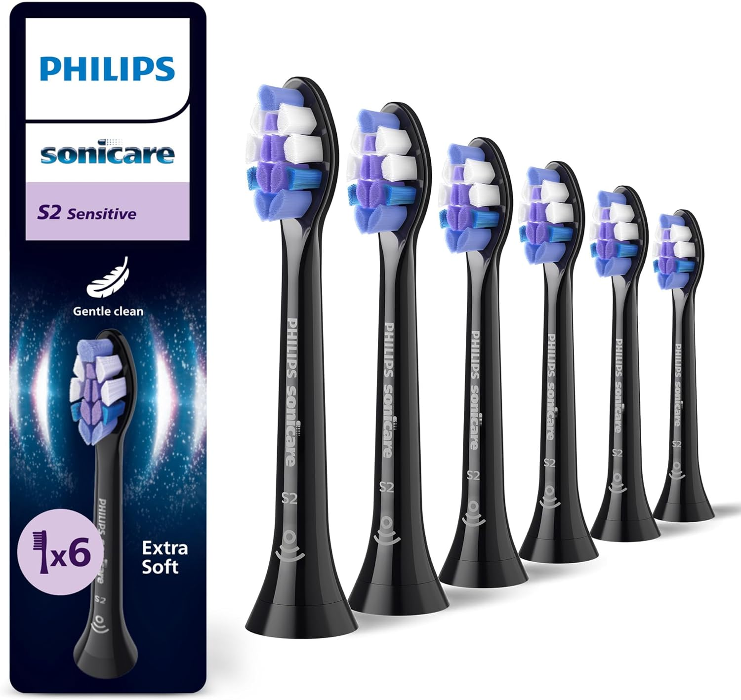 Philips Sonicare S2 Sensitive, Genuine Replacement Toothbrush Heads, Black, 6 Pack, HX6056/88