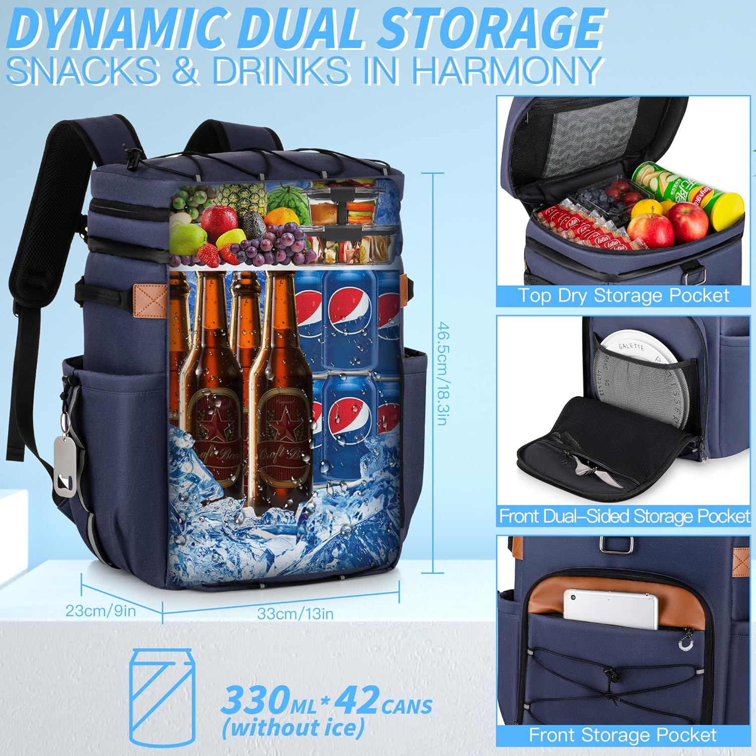 Cooler Backpack with Insulated Waterproof Cover(Extra), 42 Cans Backpack Coolers Insulated Leak Proof, Large Soft Cooler Bag, Portable Ice Chest Backpack for Camping Picnic Beach image number 2