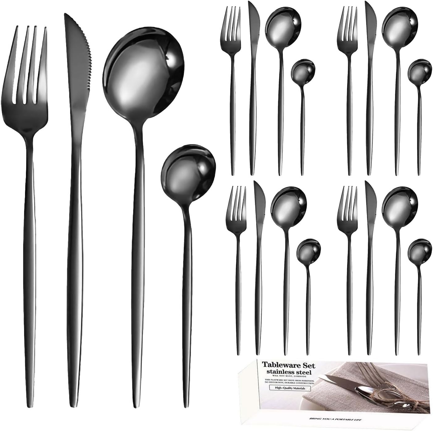 Silverware Set，20-Piece Premium Stainless Steel Cutlery Set，Satin Finish Flatware Set ，Include Fork Knife Spoon Flatware Sets,Service for 5，Dishwasher Safe (Black)