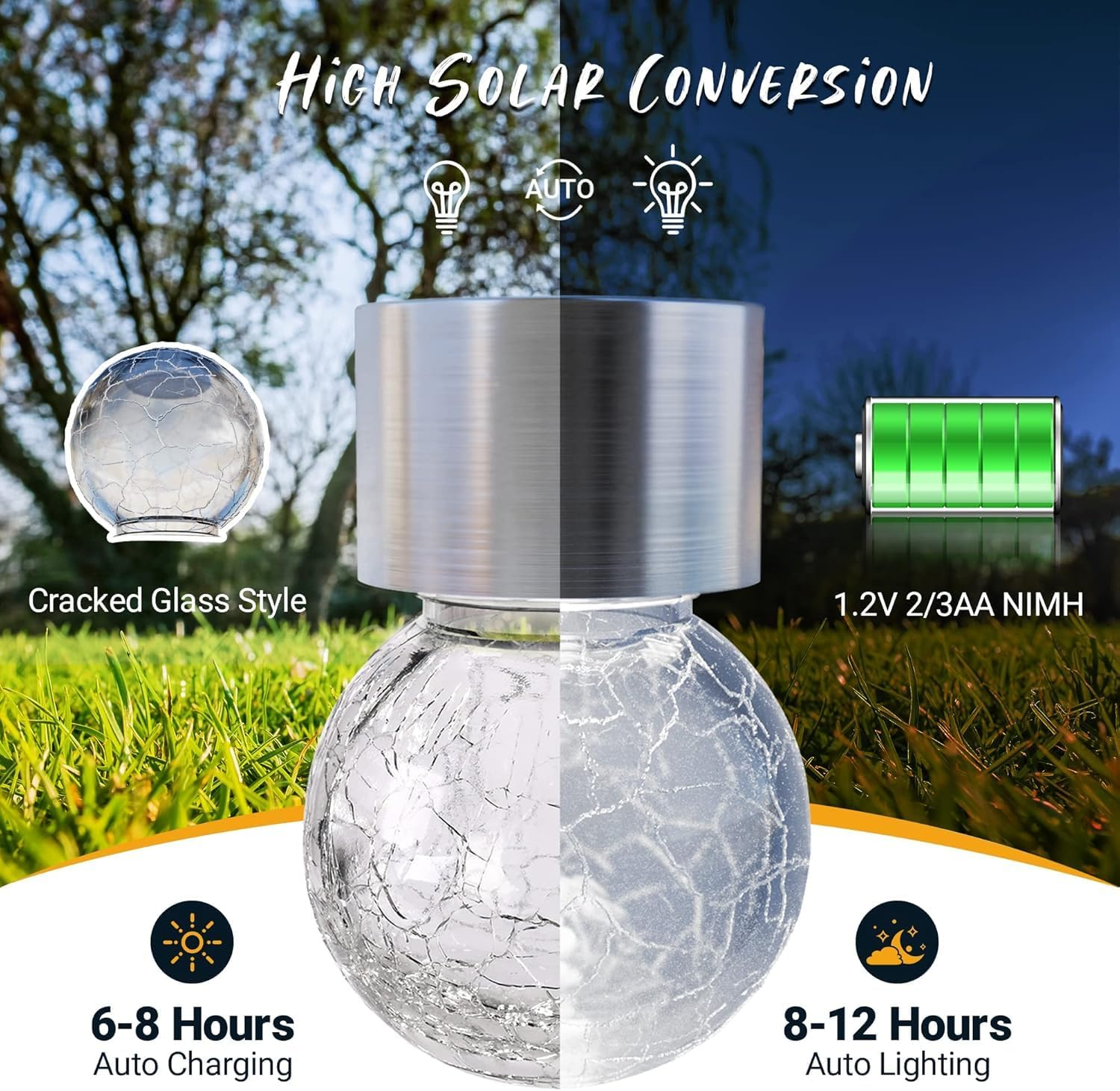 Solar Outdoor Lights Decorative 4 Pack, Hanging Solar Garden Lights Waterproof, Solar Powered Globe Cracked Glass Ball Lantern for Yard Patio Fence Tree Umbrella Holiday Decoration,(Cold White) - Cold White image number 2