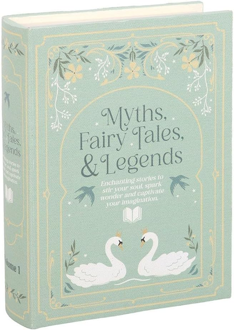 Vintage Book Storage Box, Decorative Myths and Fairy Tales Design, Mint Green with Gold Accents, Hidden Compartment Book Shape image number 2