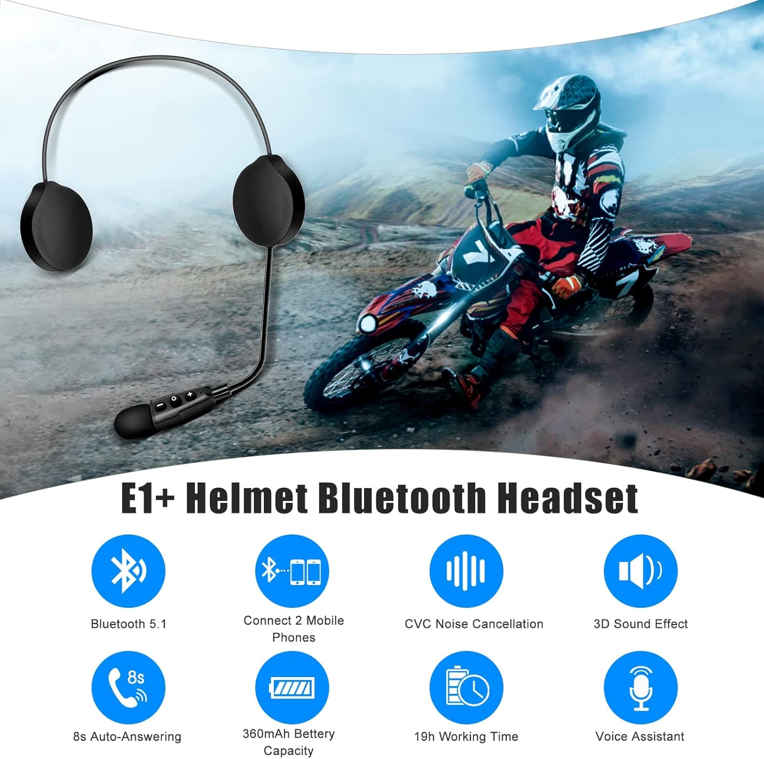 EJEAS E1+ Motorcycle Helmet Bluetooth Headset, Bluetooth 5.1 Helmet Speaker with Auto Answering Call and Noise Reduction Function, Motorcycle Helmet Headphone Can Connect 2 Mobile Phones image number 4