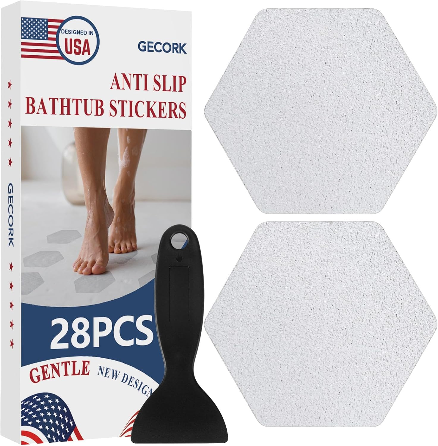Gecork 28 PCS Shower Floor Non Slip Stickers with Strong Adhesive, Invisible & Durable anti Slip Shower Stickers with Scraper for Bath Tub, Pools and Stairs,Hexagon image number 7