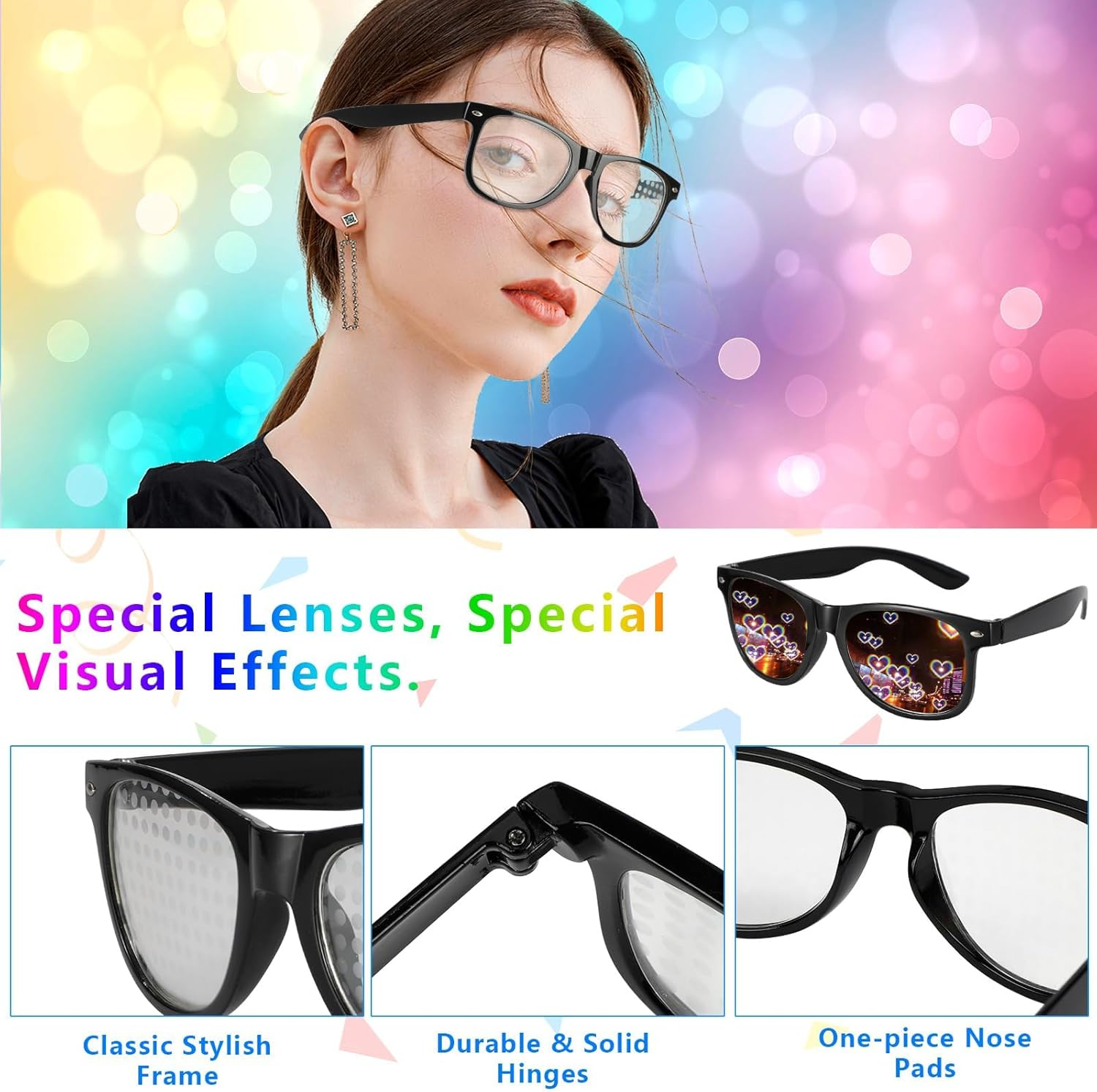 3Pcs Diffraction Glasses, 3D Prism Rainbow Heart Star Effect Light Refraction Glasses for Edm Party - Women Men Rave image number 1