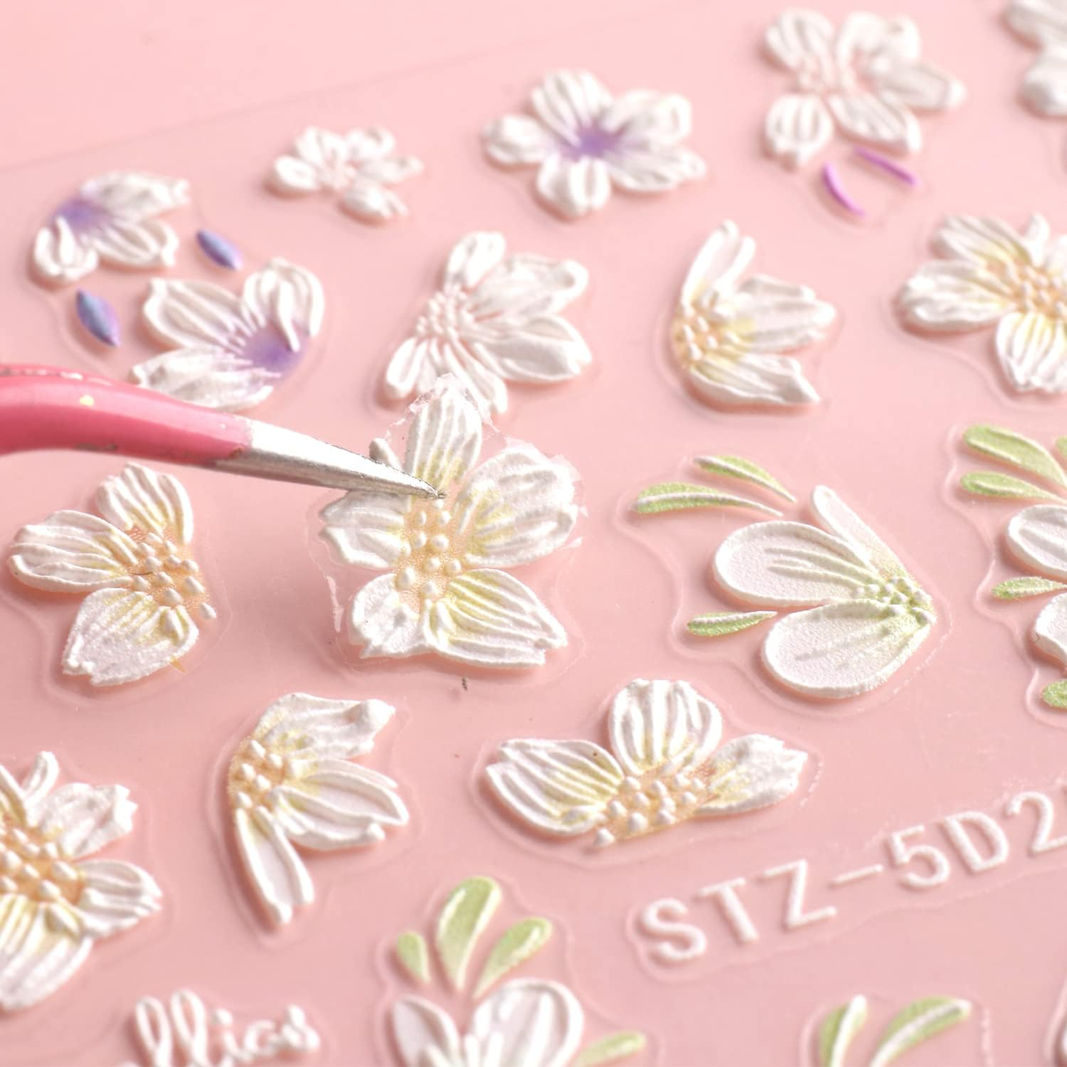 3D Embossed Flowers Nail Art Stickers Decals 4 Sheets 5D Self-Adhesive Pegatinas U&ntilde;as Pink Cherry Blossoms Nail Supplies Nail Art Design Decoration Accessories image number 5