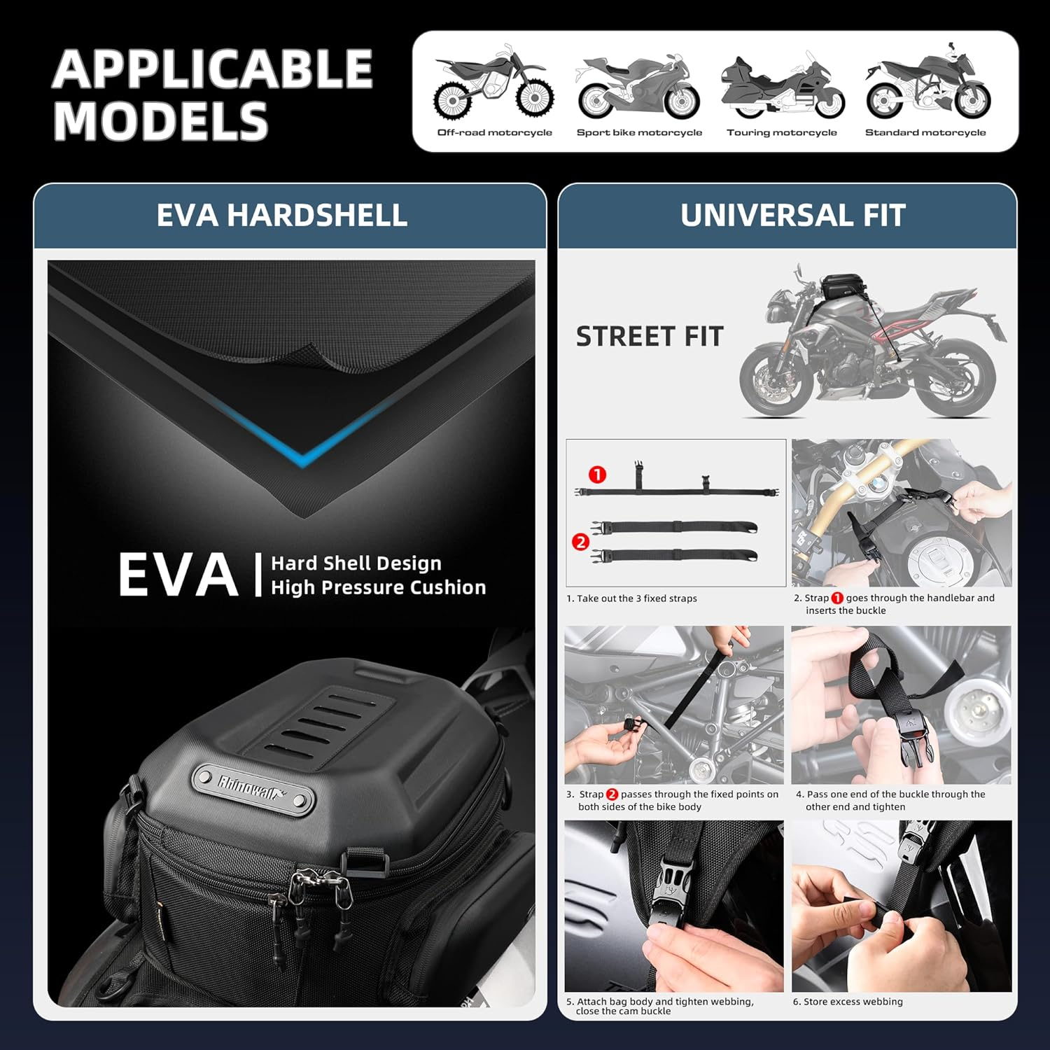 Rhinowalk Motorcycle Bag Hard Shell Waterproof Expandable 15-18L Matte Black image number 3