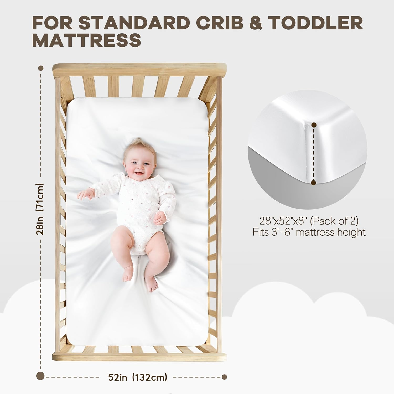 Pro Goleem 2 Pack Satin Soft Crib Sheet Silky Baby Mattress Sheet White and Gray Unisex 52&rsquo;&rsquo;X28&rsquo;&rsquo;X8&rsquo;&rsquo; Fitted Sheet image number 4