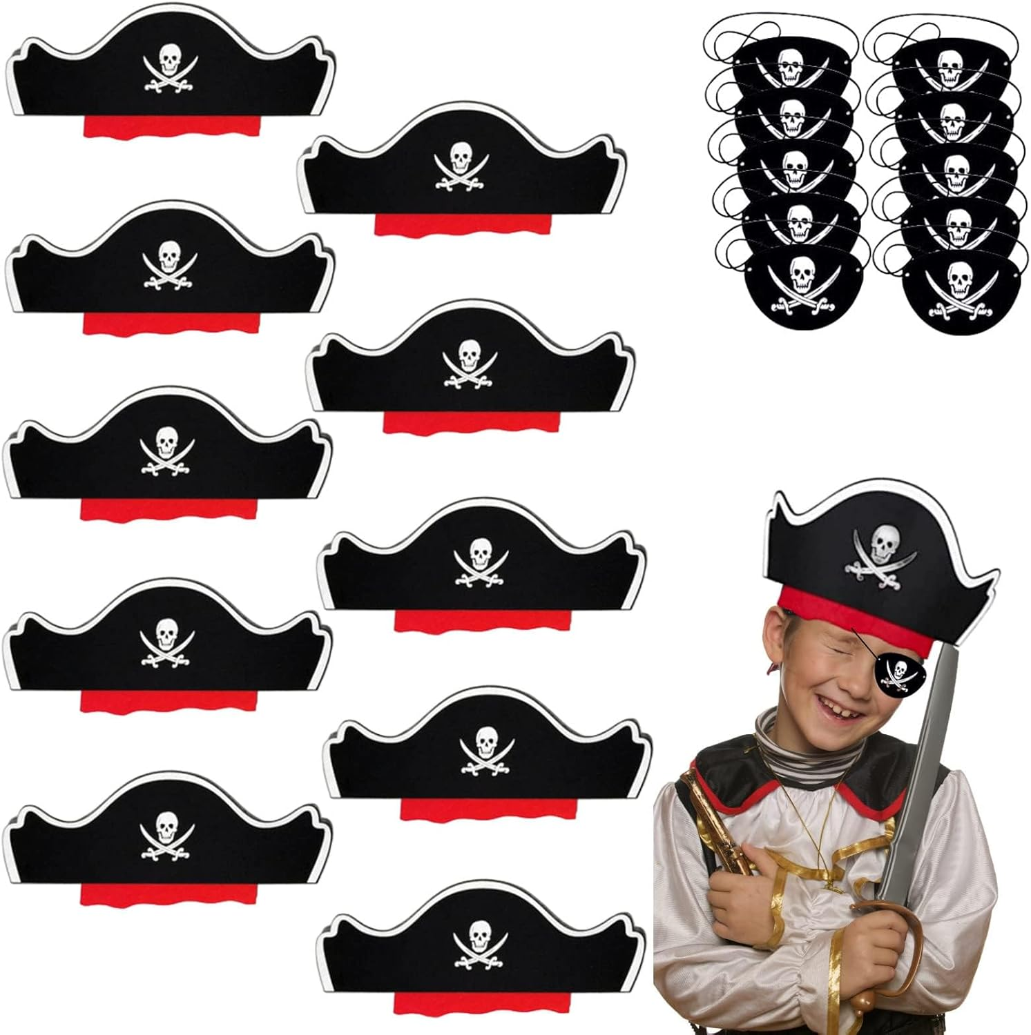10 Pieces Pirate Hat + 10 Pieces Eye Patch, Felt Pirate Captain Hat Skull Accessory Set for Children'S Birthday Party Christmas image number 1