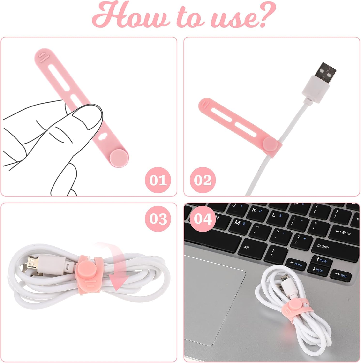 Molain Reusable Cable Ties, 20Pcs Adjustable Silicone Cable Straps Wire Organizer for Charging Cords Earphone Computer Wire Desk Cable Management Travel Accessories(Yellow+Pink+Purple+Green) - Yellow+Pink+Purple+Green image number 5