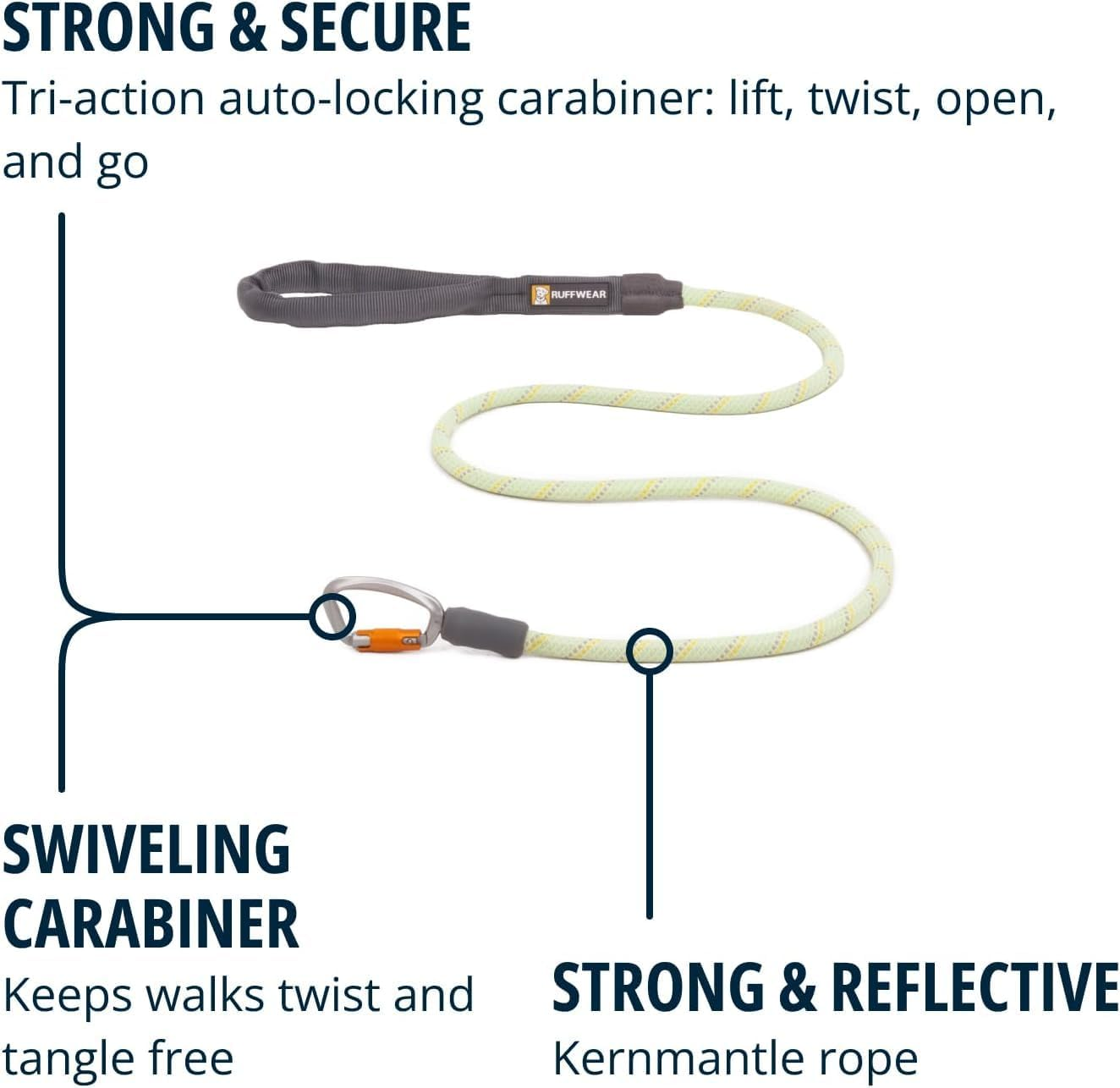 Ruffwear, Knot‑A‑Leash, Climbing‑Inspired Rope Leash, 5 Ft Reflective Rope, Secure Auto‑Locking Swivel Carabiner, Tubular Handle, Accessory Loop for Pick‑Up Bags, Moss Green, Large