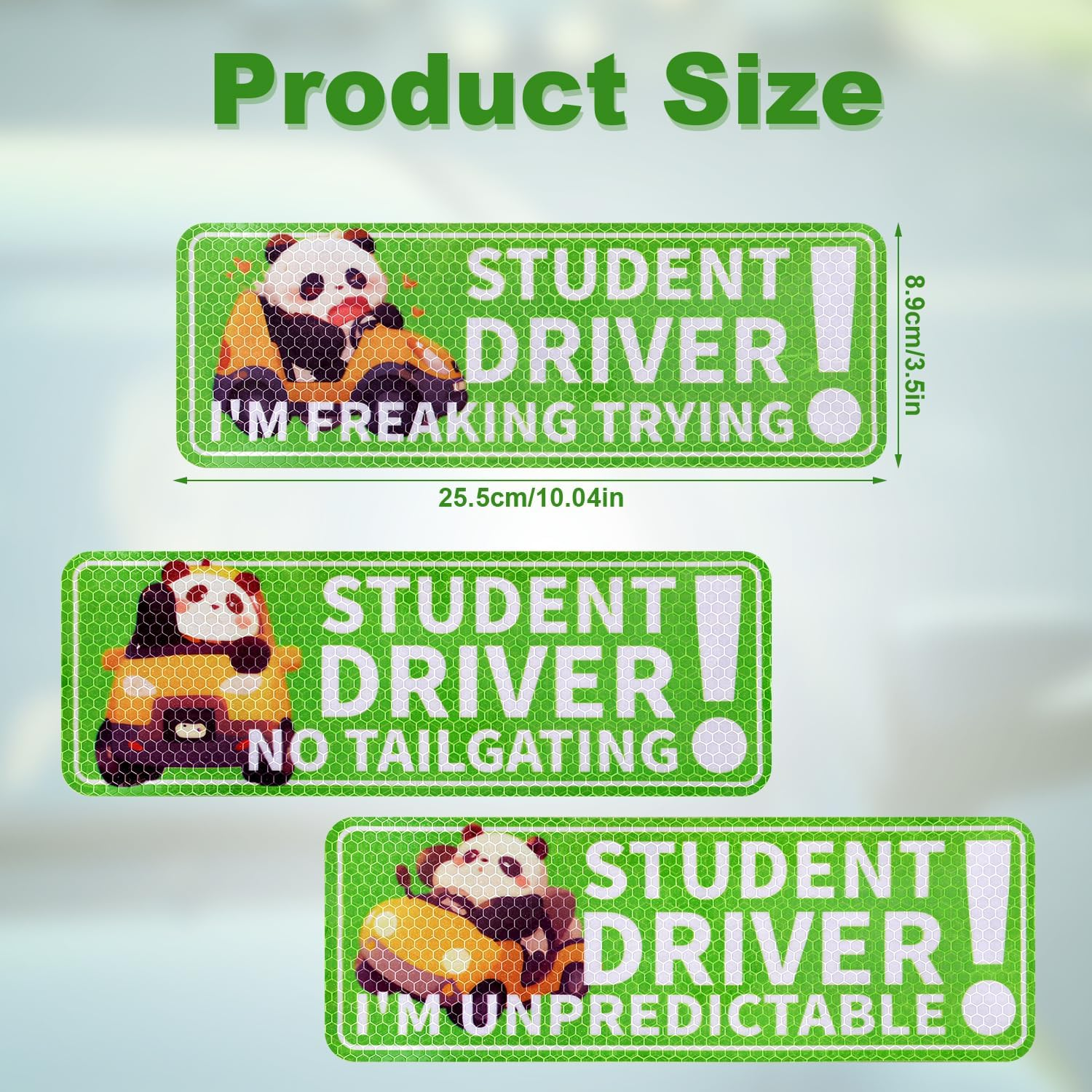 3Pcs Reflective Magnetic Car Stickers, 10.04X3.5In Premium Magnet Cute Panda Pattern Car Magnetic Stickers Safety Signs Suitable for Student Car Novice Drivers(Green)