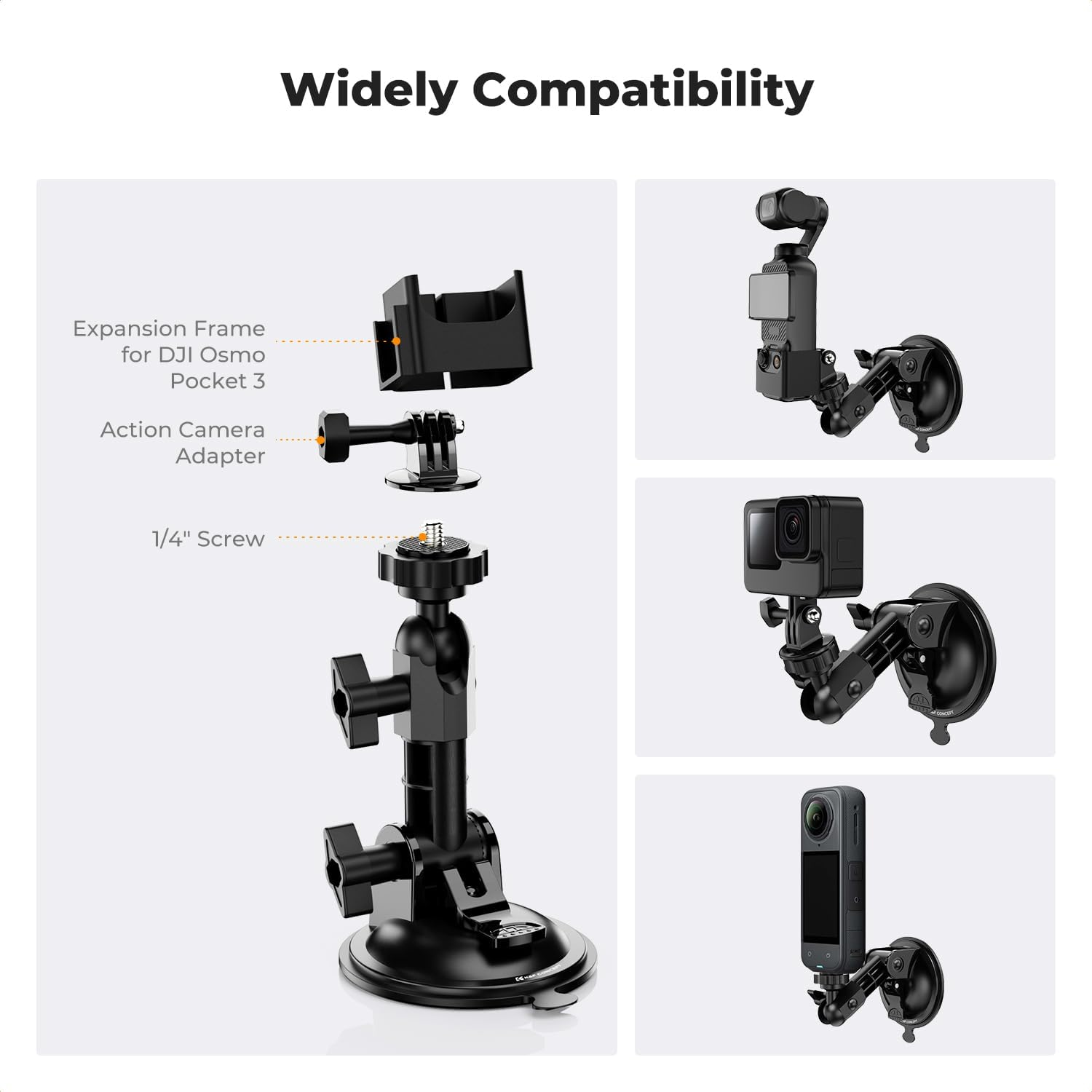 K&F Concept Suction Cup Mount for DJI Osmo Pocket 3, Car Windshield Window Dash Mount Holder for Gopro Hero 13/12/11/10/9 Black, DJI Osmo Action 3/4/5 Pro, Insta360 X5/X4 Accessories image number 4