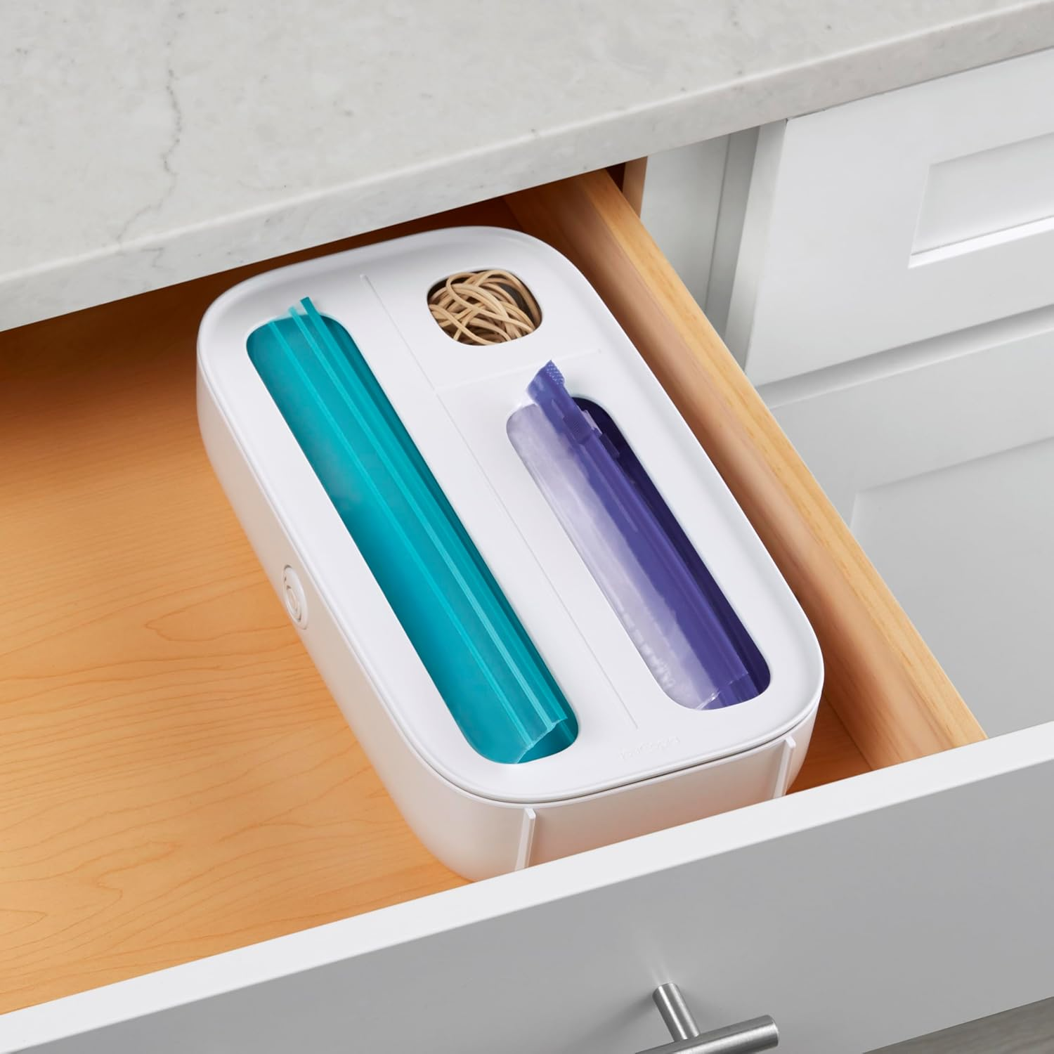 Youcopia Storabag Drawer Food Bags Dispenser, 3-Slot, Plastic Sandwich Bag Organizer for Kitchen Storage, White image number 6