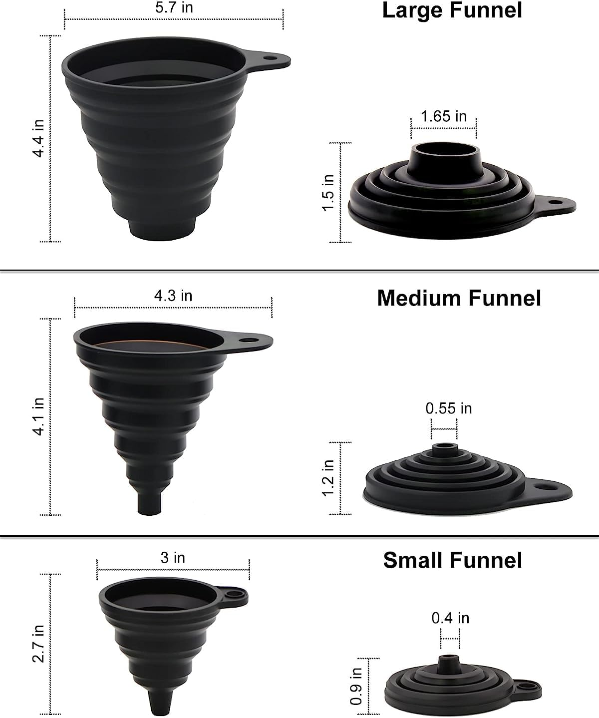 Kitchen Funnel Set, 3 Sizes of Food Grade Funnels for Filling Bottles, Premium Silicone Collapsible Funnel for Transferring Liquid, Powder Transfer, Large Wide Mouth Canning Funnel, Small Funnel
