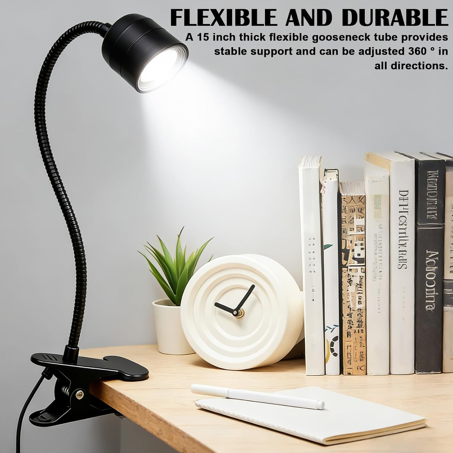 LED Reading Lamp Clamp Light, Dimmable Clamp Lamp with Switch Plug, 3 Colour Temperatures, Gooseneck Design with Beam, Adjustable 15&deg;-80&deg;, for Reading Indoor Lighting, Bed Night Reading (Black)