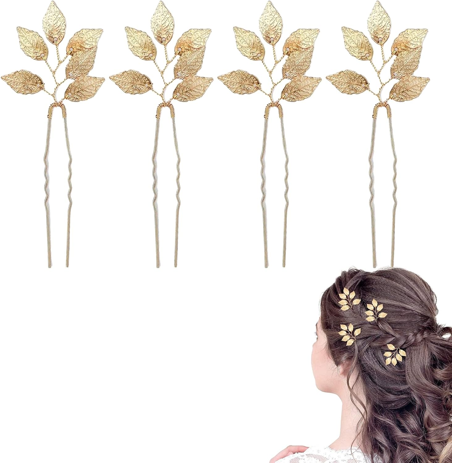 4PCS Eucalyptus Leaf Hair Pins Gold Leaf Hair Pins Elegant Gold Hair Accessories Wedding Hair Accessories Headpiece for Women and Girls Wedding Special Occasions image number 3