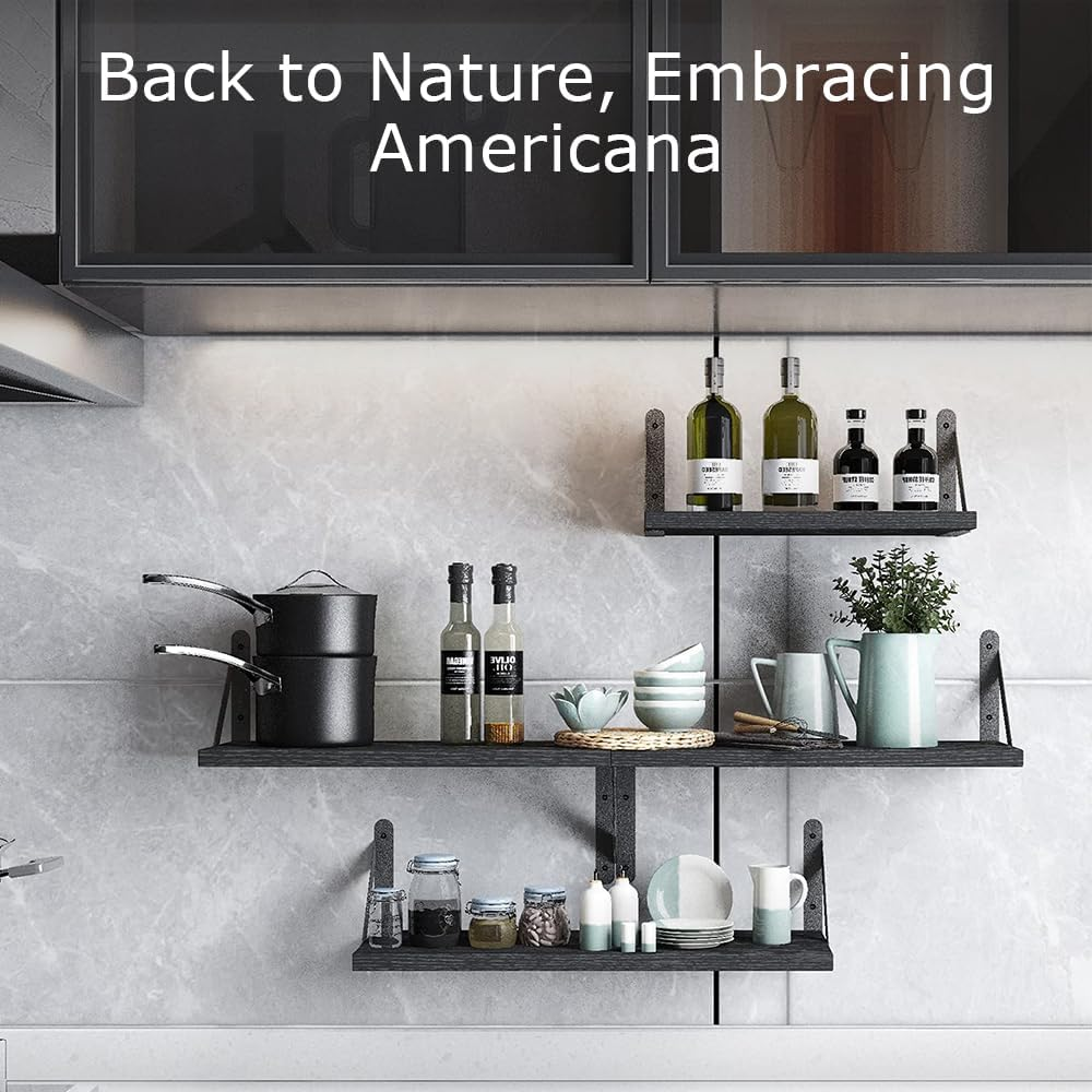 Floating Shelves, Rustic Wood Hanging Wall Mounted Storage Wood Display Shelf, 4 Sets of Wall Mounted Shelf for Bathroom Decor, Bedroom, Living Room and Plants (Black) image number 1