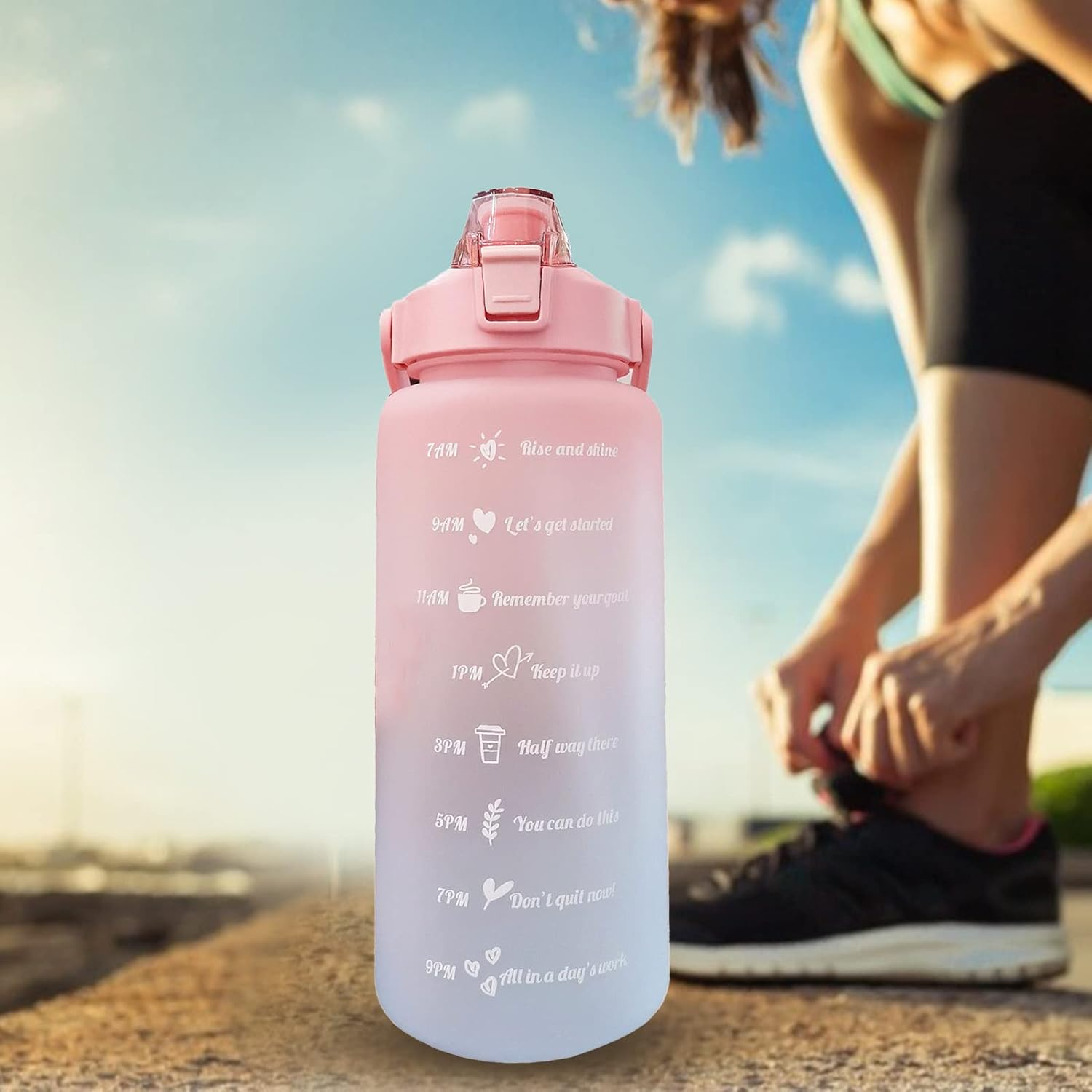 2L 67Oz Water Bottle with Motivational Time Marker with Straw Frosted Plastic Reusable Leakproof Drop Resistant and Drink Bottle for Fitness Gym Sports Workout image number 2