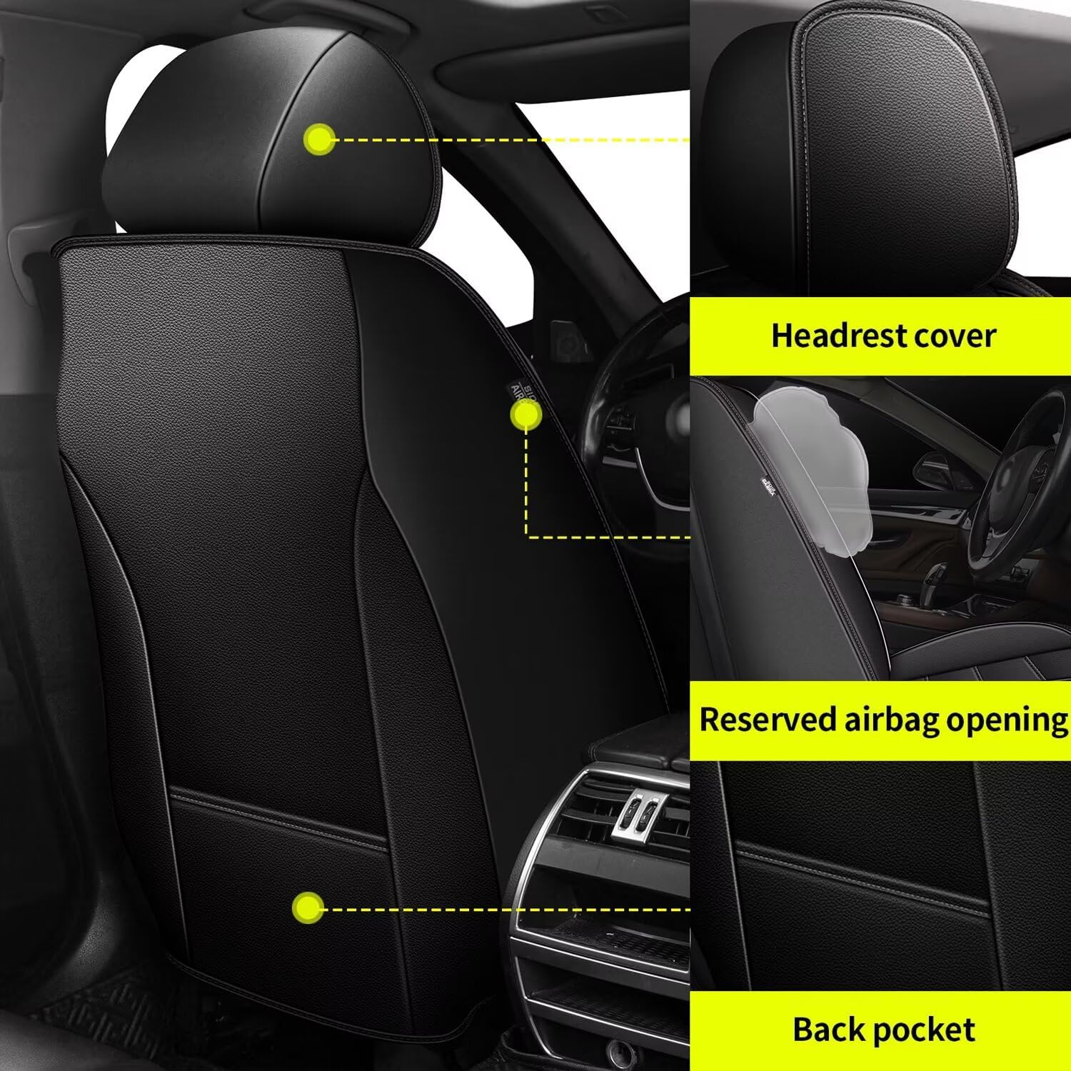 IKABEVEM Car Seat Covers Fit for Honda Civic 2003-2015 & 2020-2025: Full Set Waterproof Faux Leather Automotive Seat Covers Car Seat Protector(5 Seats, Black) image number 5