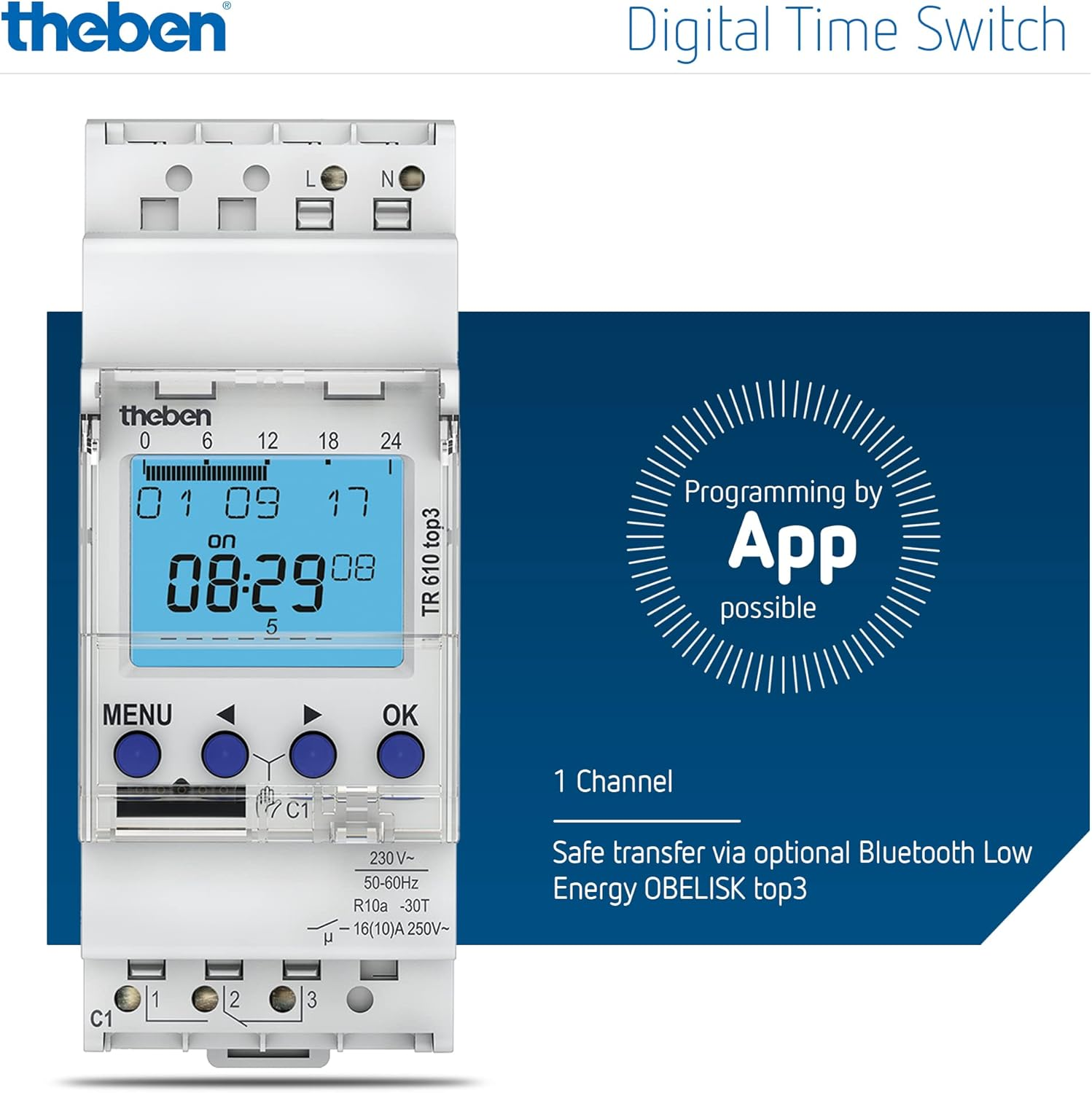 Theben 6100130 TR 610 Top3 - Digital, 1 Channel Time Switch with Weekly Program, App Programmable, Perfect for LED, DIN Rail, Timer image number 1