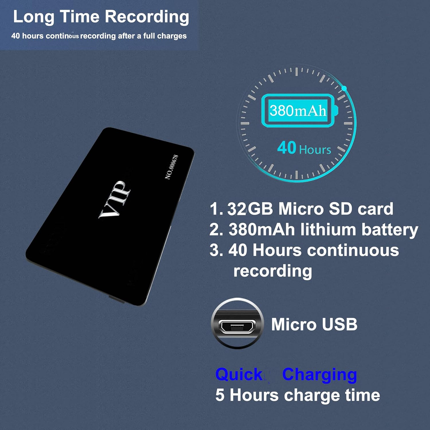 Voice Recorder Card, 32GB Noise Cancelling Voice Activated Recorder for Lecture, Interview, Class, Meeting, 40 Hours Battery Recording Time, External Memory Card, USB Files Transfer, Playback