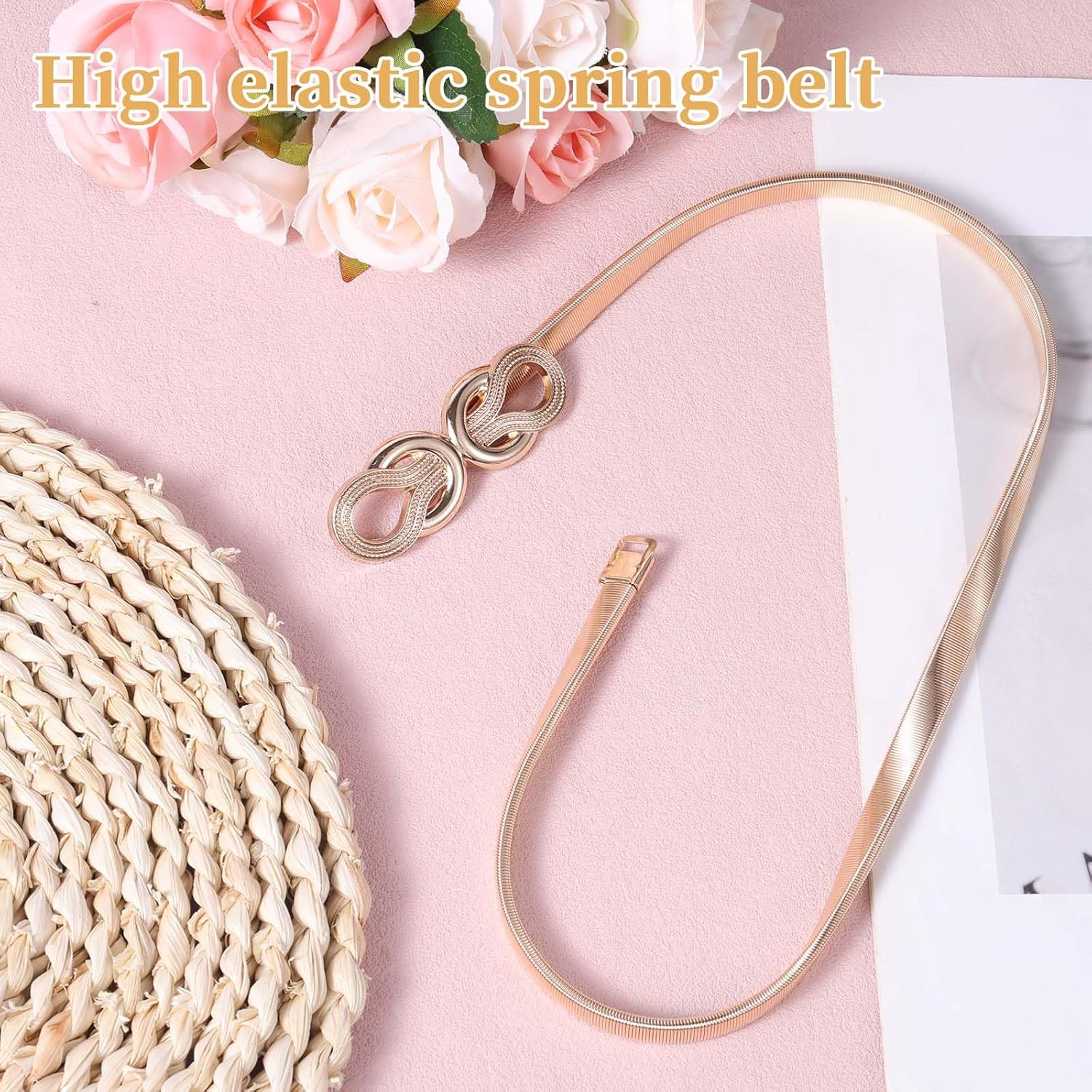 Mikovivi Gold Belt for Women, Metal Elastic Waist Belt Fashion Thin Belts Fancy Skinny Waistband for Ladies Dresses Jeans Shirt image number 1