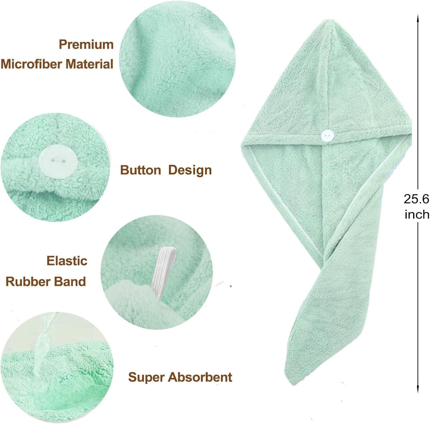 2PCS Microfiber Hair Towel - Super Absorbent Hair Turbans for Wet Hair- anti Frizz Head Towels Wrap - Drying Towels with Button for Long Curly and Thick Hair (Green+White) image number 2