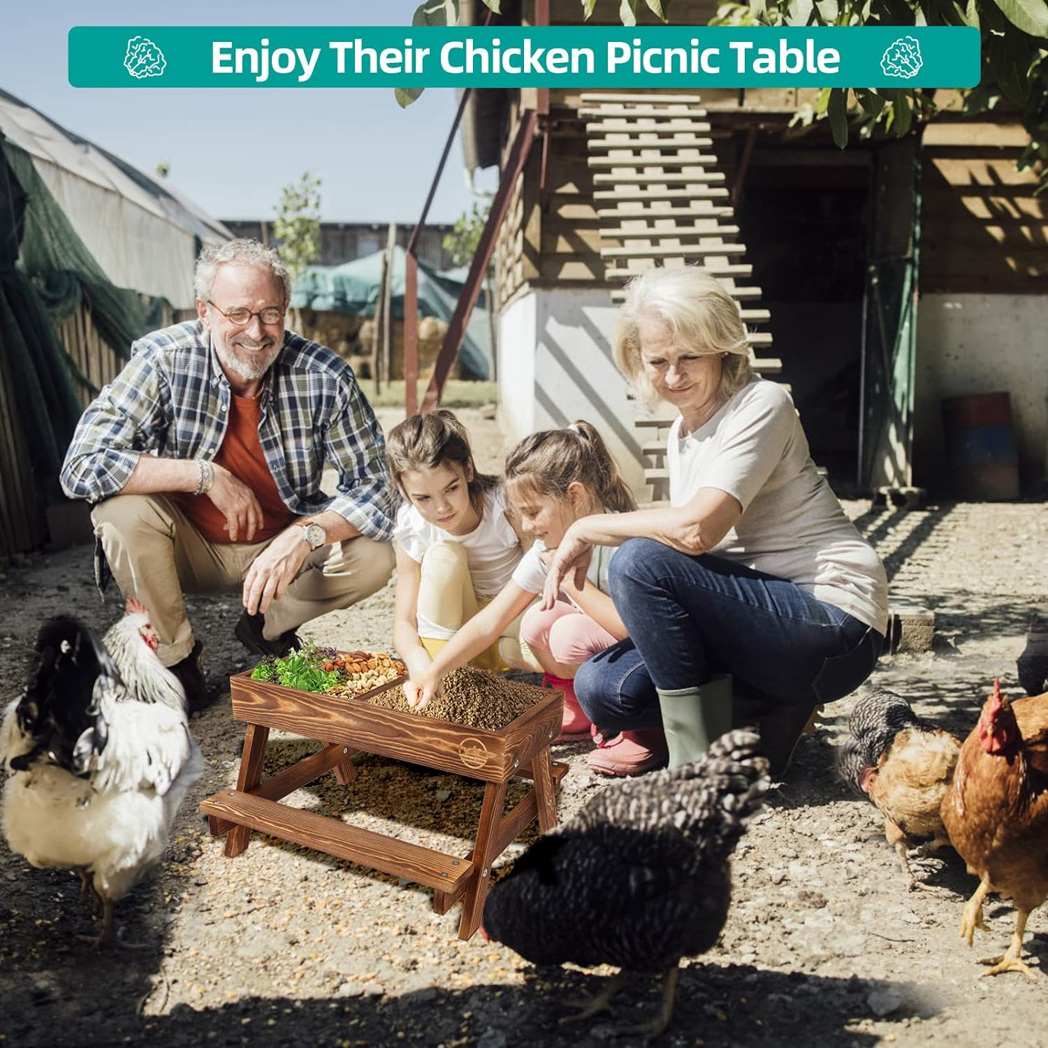 Chicken Table No Waste, Chicken Picnic Feeder Handmade Carbonized Wooden, Large DIY Chicken Feeder Kit, Wild Bird, Duck & Squirrel Feeders, Mesh Bottom Keep Food Fresh and Dry Easy to Clean and Fill image number 1