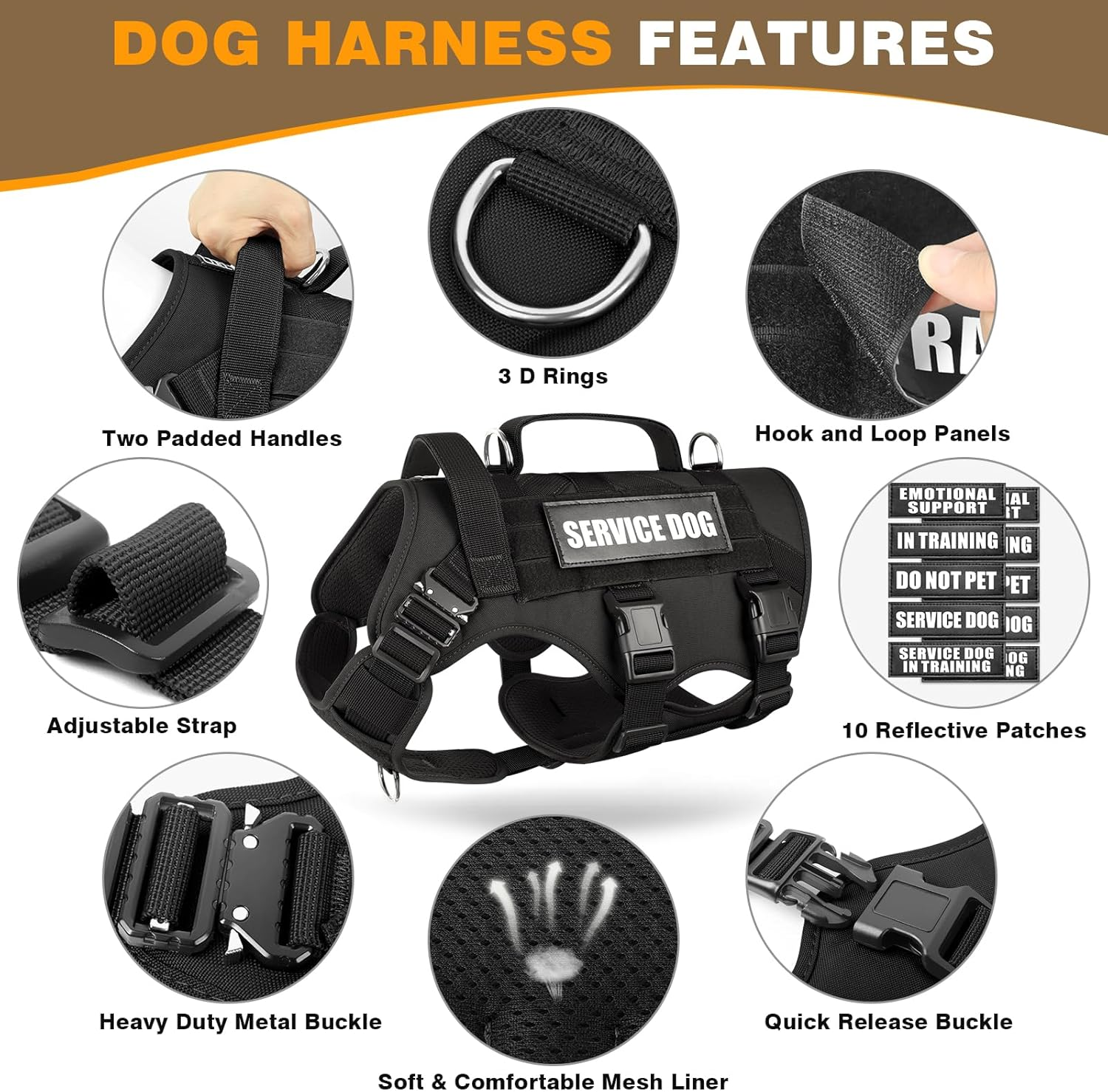 WINSEE Service Dog Vest Harness for Large Dog, Tactical Working MOLLE Vest with 10 Pet Patches, No Pull Heavy Duty Harness for Training Walking image number 3