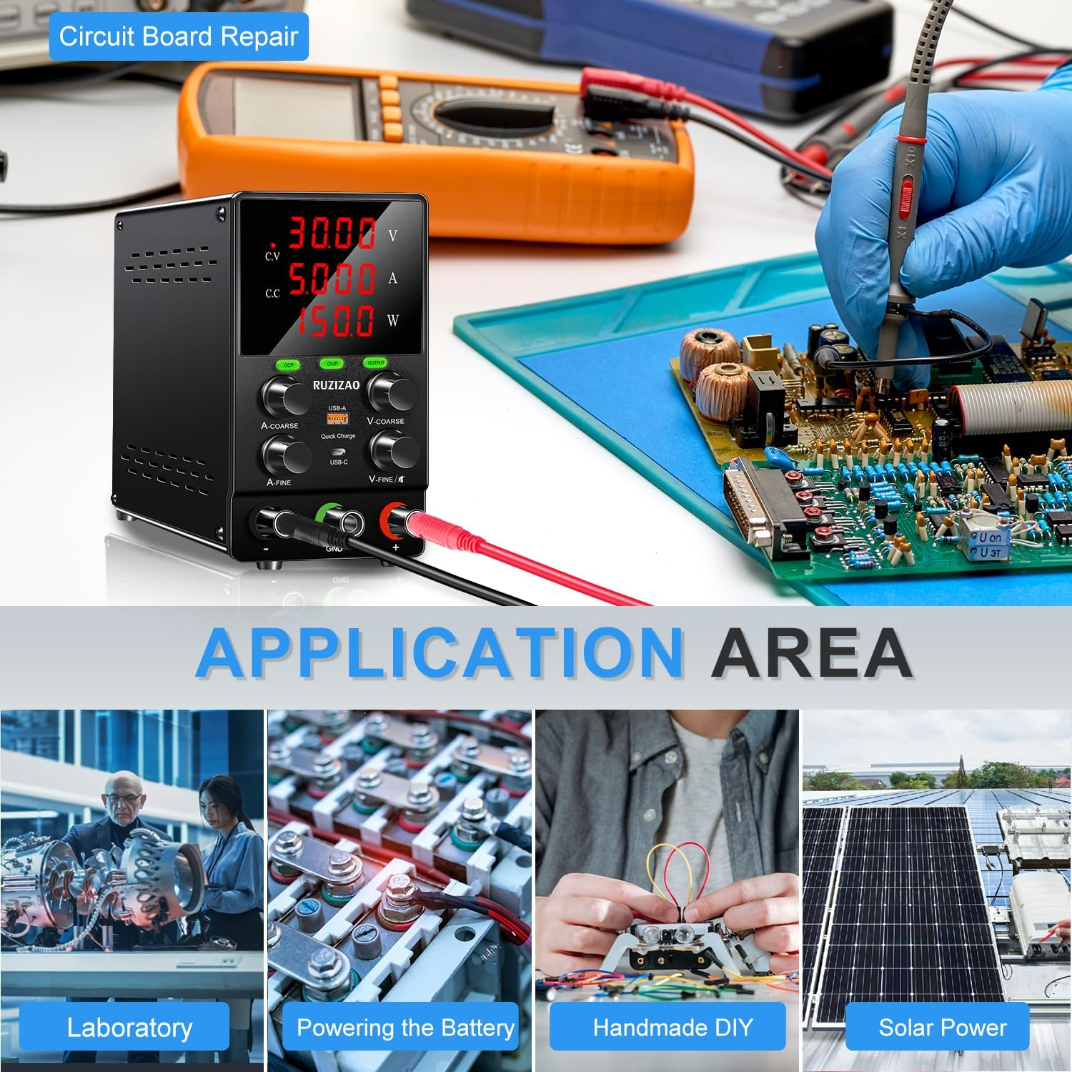 DC Power Supply Variable, Upgraded Version, 30V 5A 150W, Adjustable Switching Regulated Lab Bench Power Supply, OCP/OVP, Encoder Knobs, Usb&Type C Fast Charging, 4-Digit LED Display