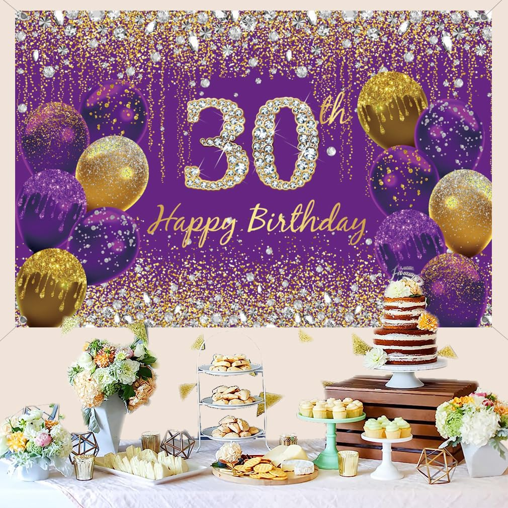 30Th Birthday Decoration Women, Purple Fabric Happy Birthday Sign Poster, Birthday Party Decoration, 30Th Birthday Background Banner Women, 30Th Birthday Party Backdrop, 59''X35.4''