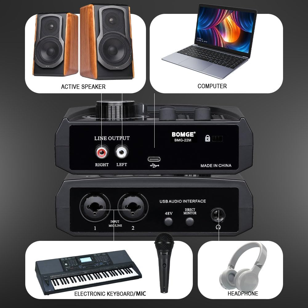 BOMGE Mini 2 Channel USB Audio Interface for Recording, Streaming and Podcasting, with XLR/48V Phantom Power,Studio Quality Audio Interface for Guitarist, Vocalist, Podcaster or Producer