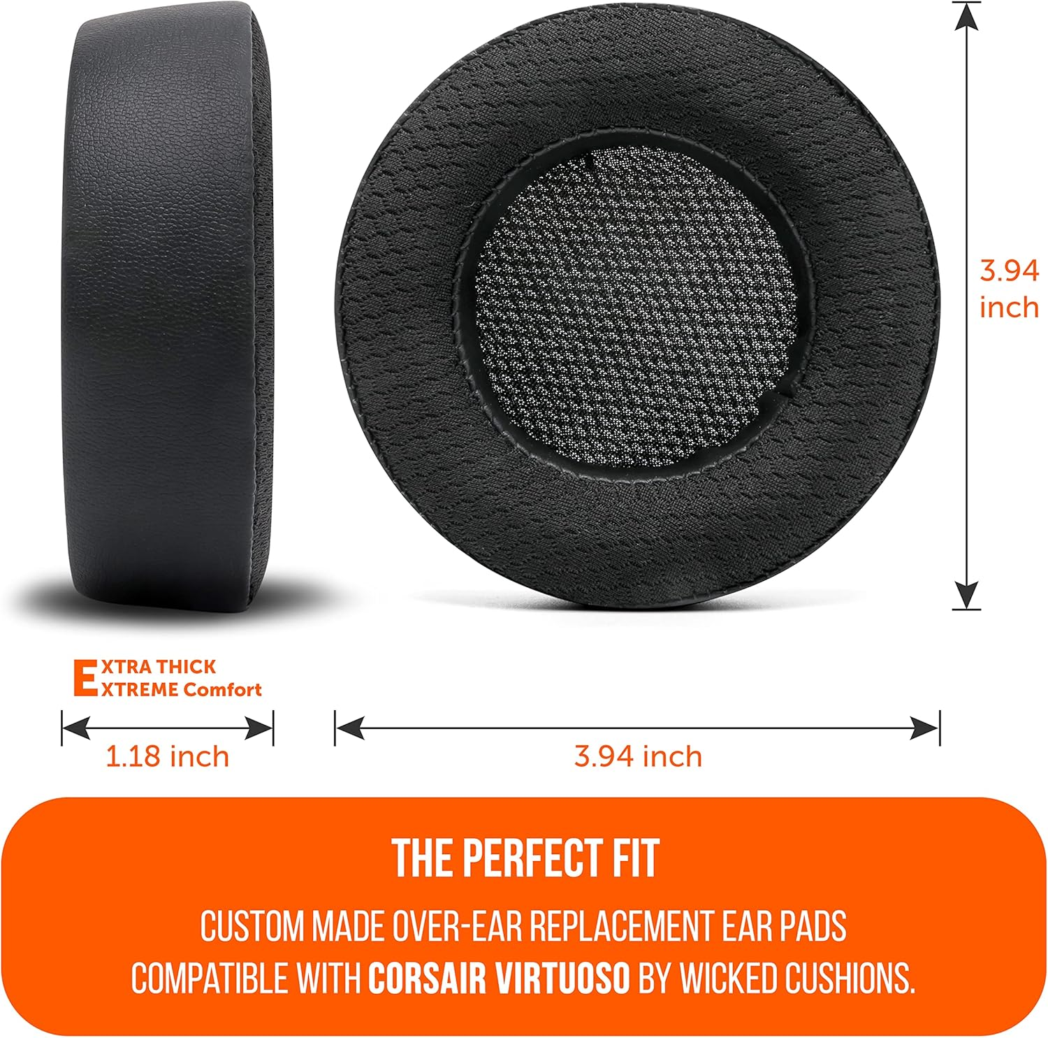 WC Freeze Virtuoso - Hybrid Fabric Cooling Gel Replacement Earpads for Corsair Virtuoso Gaming Headset, Made by Wicked Cushions, Improved Durability, Thickness and Sound Isolation | (Black) - 90'S White image number 3