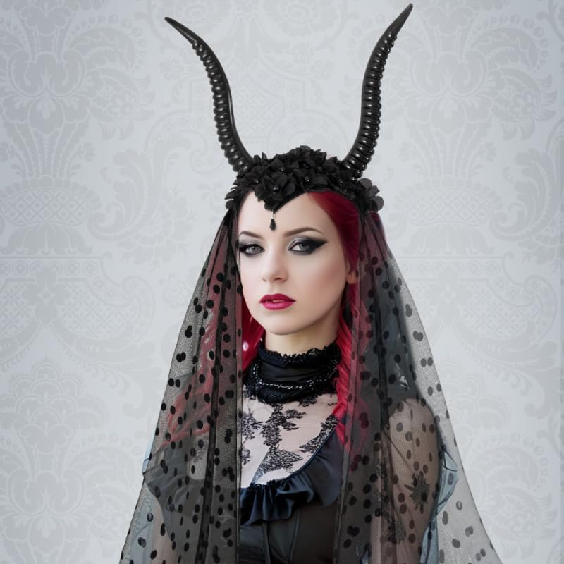 Healifty Goat Horns Headband Costume Cosplay: Gothic Queen Sheep Horns Headdress Halloween Demon Devil Headpiece with Black Mesh Veil image number 5