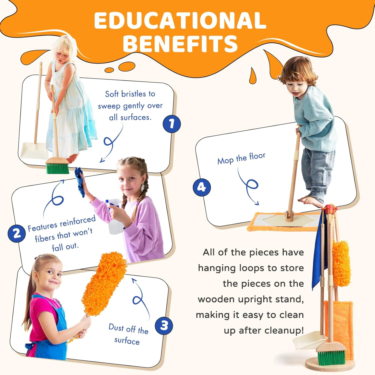 Toddler Cleaning Set - Kids Housekeeping Pretend Play Set | FSC Certification Wood with Broom, Mop, Dustpan, Duster and Organizing Stand | Montessori Toys for 3+ Year, Kids Pretend Play Cleaning Set image number 5