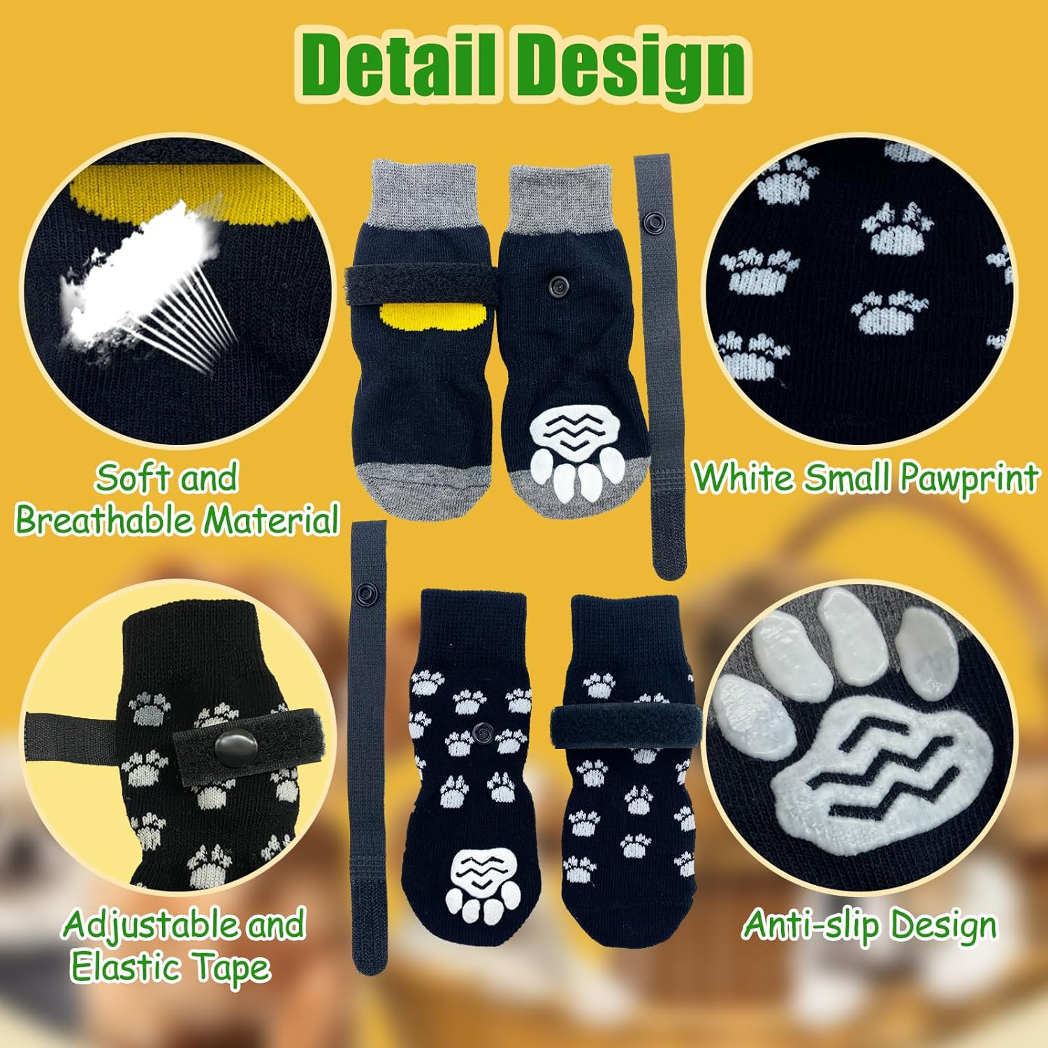 YNR 4 Pairs M Dog Socks anti Slip,Pet Paw Protector,Use Indoor Traction Control Wear on Hardwood Floors,Soft Dog Socks with Grips Personalised Presents for Dogs,Socks for Prevent Dogs Licking Paws image number 4