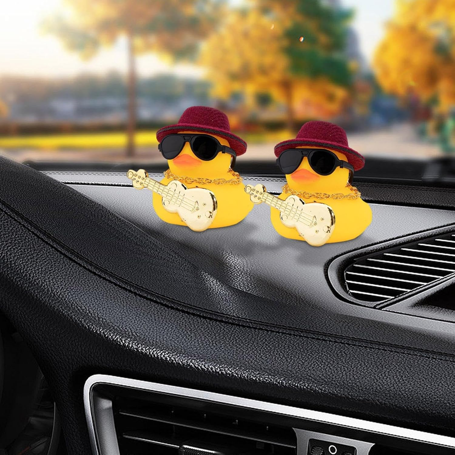 Car Ducks for Dashboard | Soft Rubber Car Duck Dashboard Decoration with Squeak | Mini Duck Car Ornament with Musical Instrument Necklace Sunglasses Hat Zorq image number 2