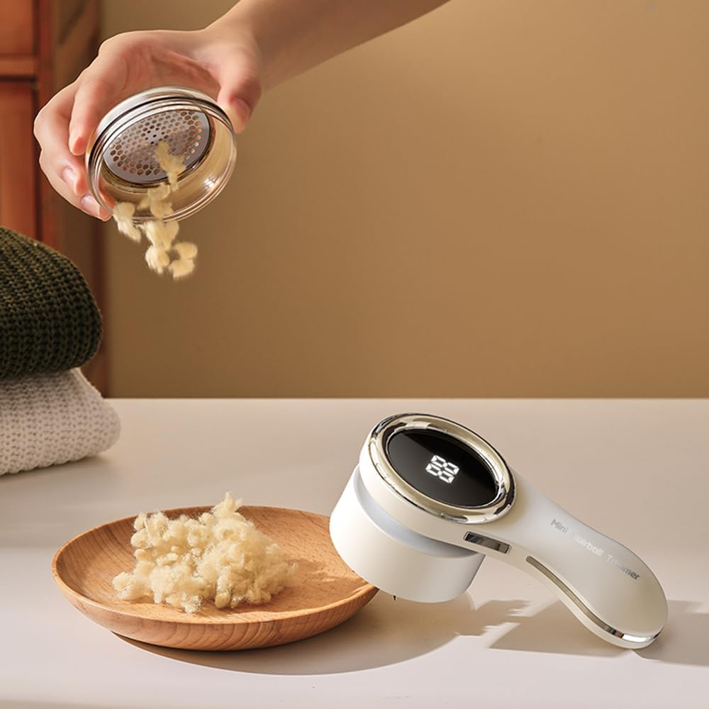 Frafuo Fabric Shaver-Electric Lint Remover with 6 Leaf Blades and Digital LED Display-Portable Sweater Defuzzer Remove Clothes Fuzz, Lint Balls, Sweater, Couch, Blanket, Curtain (White, 3 Cutters) image number 1